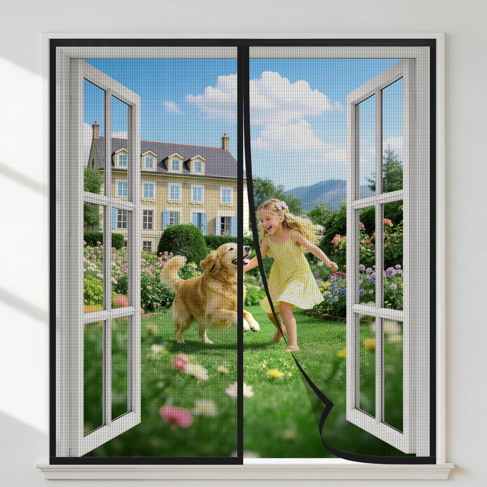 HALIDOOR No Drill Fly Screen Window 130x125cm, Light Transparent, Tear-Resistant Polyester Mesh, Insect & Mosquito Protection with Automatic Closure, Easy Installation, Black — image 1