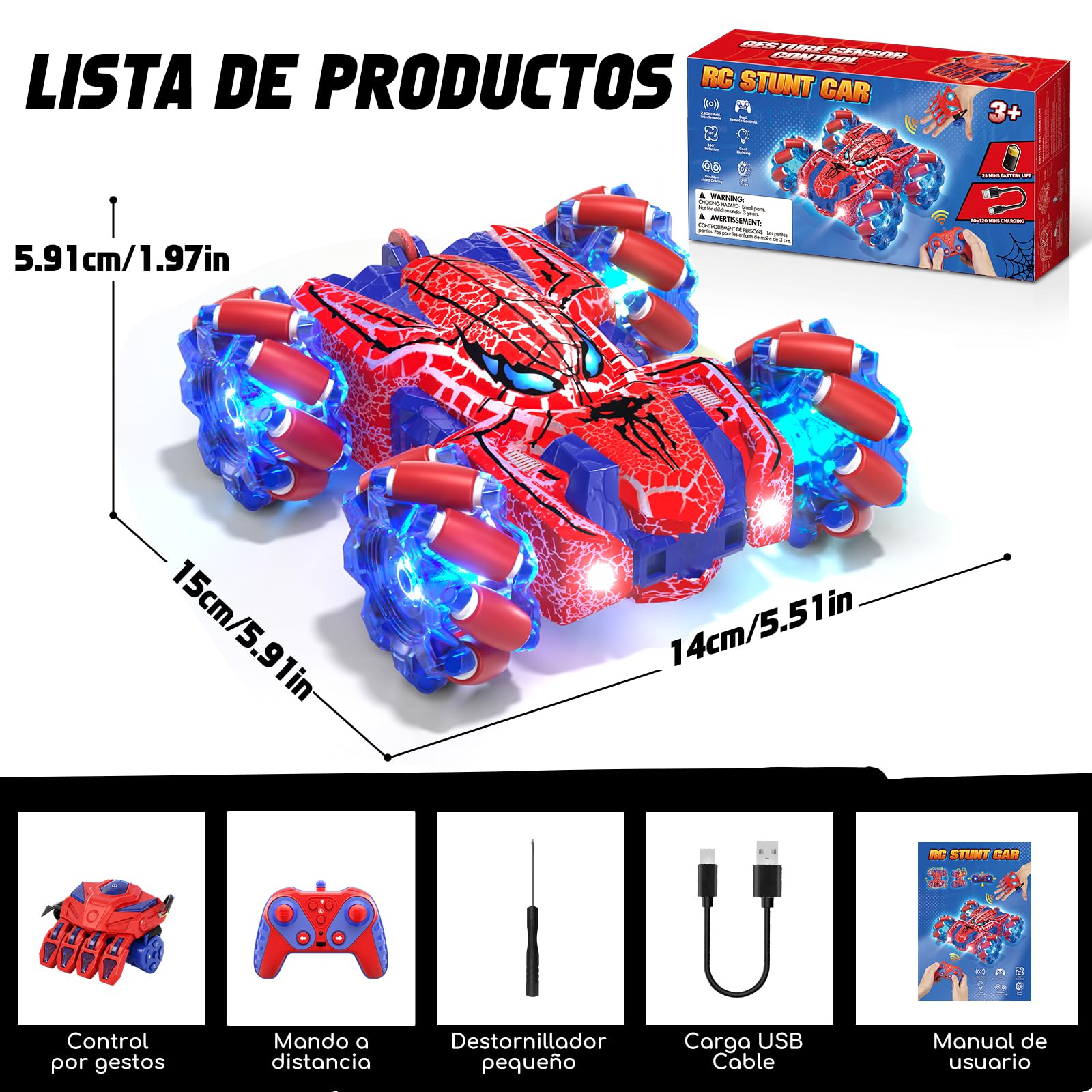 Spider Coche Teledirigido con Reconocimiento de Gestos a Partir de 4 5 6 7 8 9 10 11 12 años, Coches RC Doble Cara con Iluminación Completa, 2,4 GHz Coche Stunt RC Recargable con Mando a (Rojo)