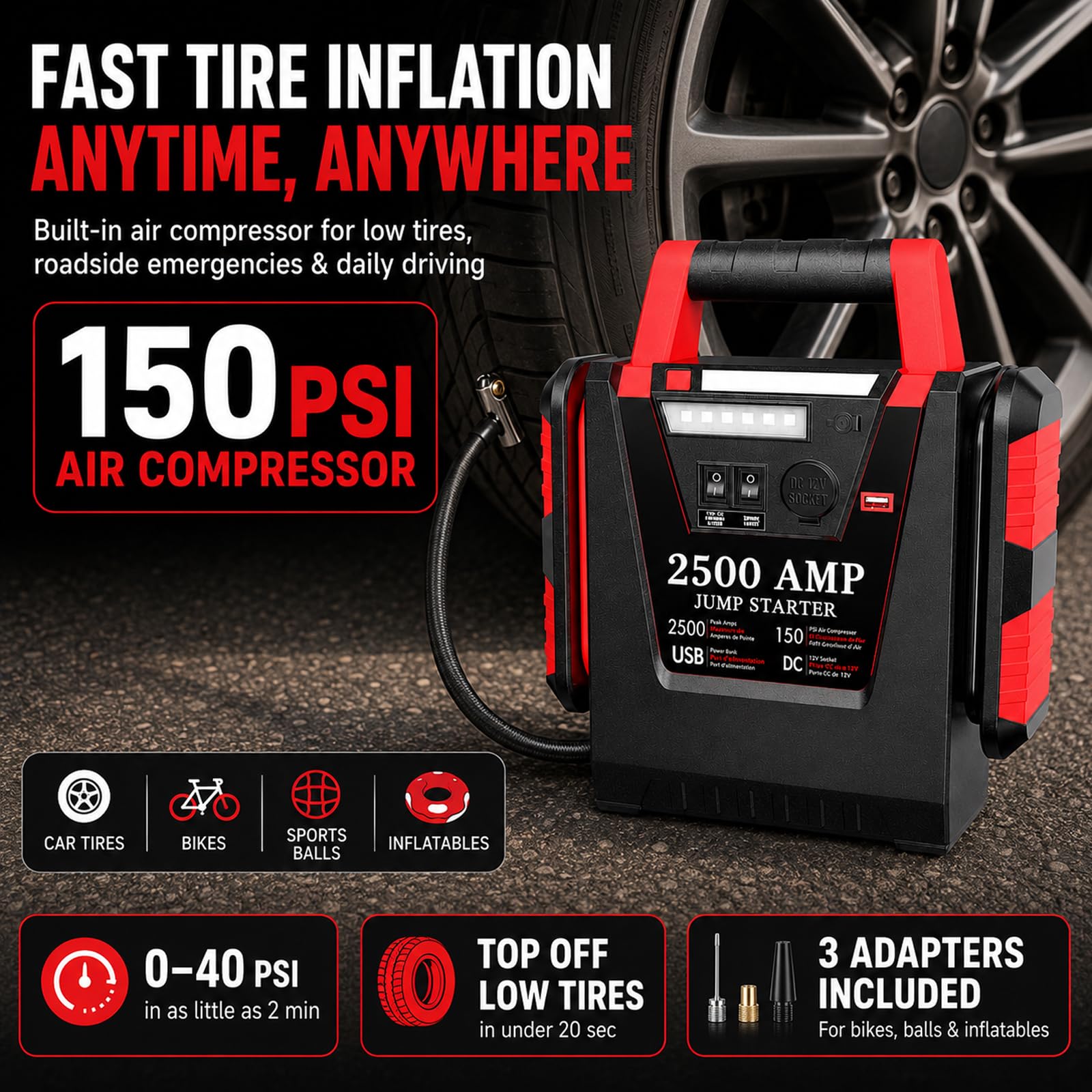 Arrancador de Coches Portátil 2500A con Compresor de Aire 150 PSI, Arrancador de Baterías 12V (Motores Gasolina/Diésel hasta 8.0L), Booster Batería, Jump Starter 20000mAh, Luz LED 500LM