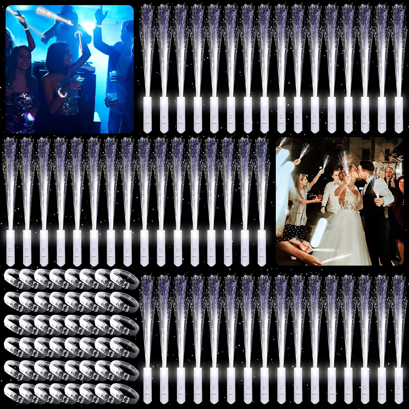 DAZZTIME 48 Piezas Pulsera de Luces LED,48 Piezas Varilla Luminosa LED Fibra,Varilla Luminosa Led,Varillas de Fibra Luminosa Light,per Matrimonio,Fiestas Luminosas,Discoteca,Concierto
