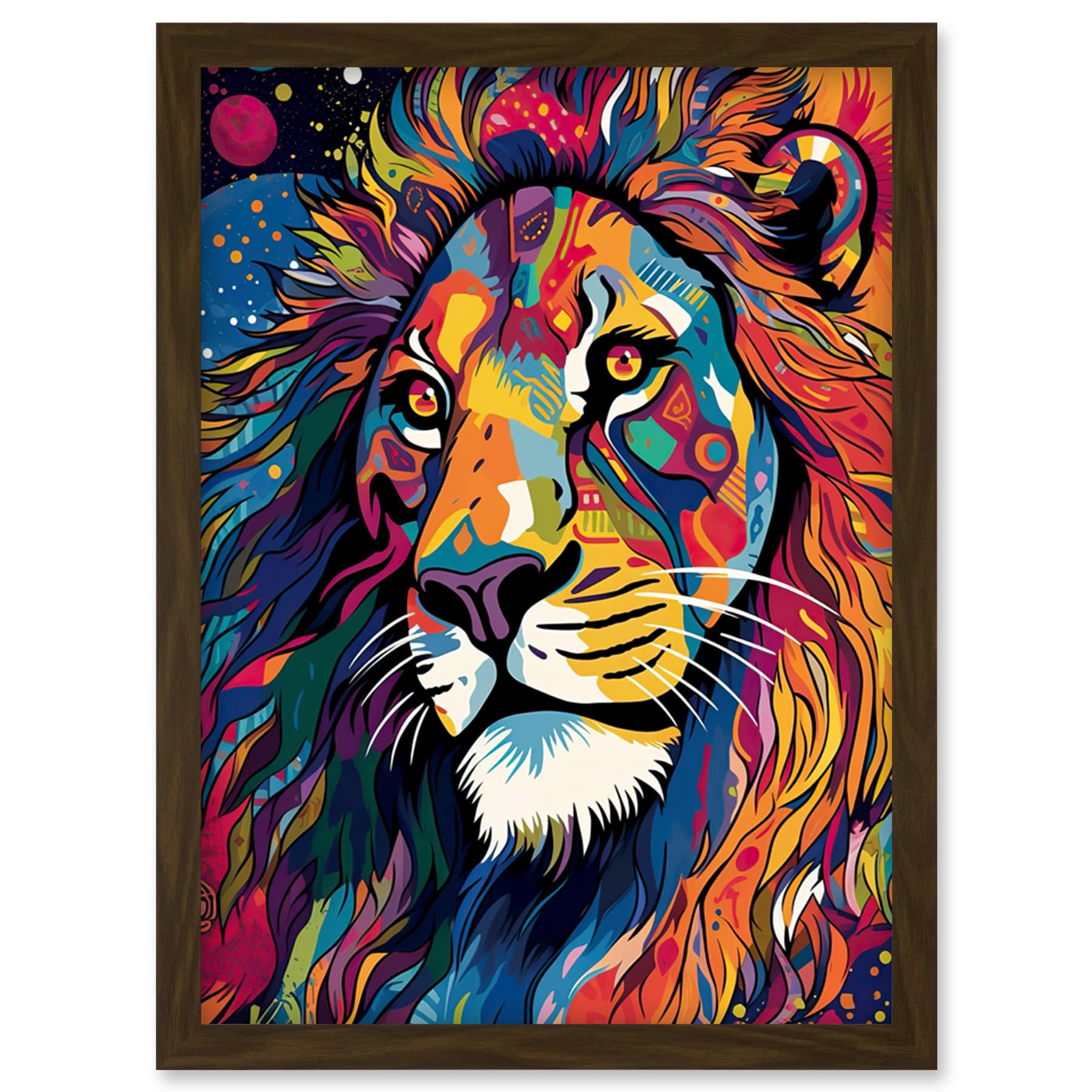 Artery8 King of the Jungle Lion Head Psychedelic Folk Portrait Vibrant Colourful Patterns Artwork Framed Wall Art Print A4