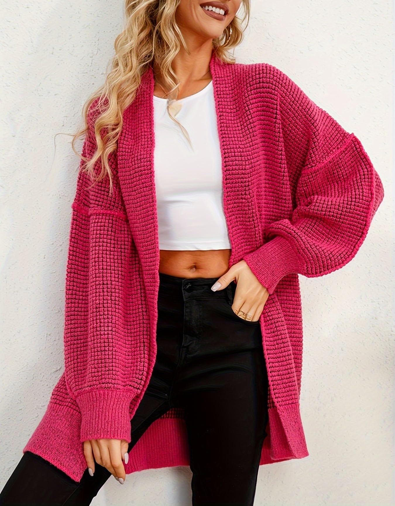 Gilet Long en Grosse Maille pour Femme Coupe Oversize Ouvert sur Le Devant Style Boyfriend Idéal pour La Mi-Saison Automne-Hiver et Le Quotidien.