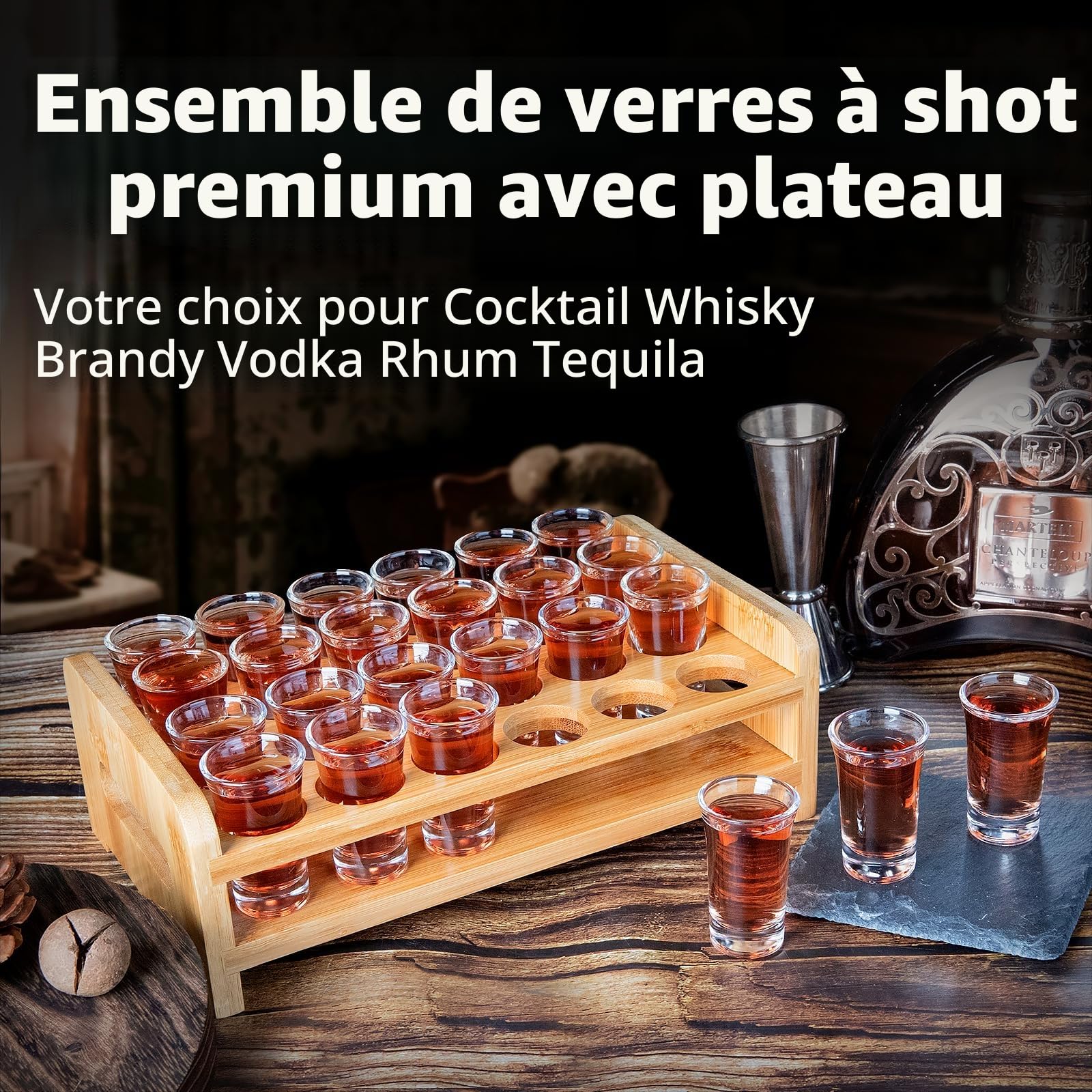 Lot de 24 verres à liqueur, support en bois et verre à shot, planche de service de boissons, organiseur de 24 trous avec verre en cristal transparent, 15 ml-20 ml pour liqueur, rhum à la maison, fête