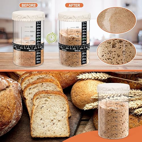 Miniatura 6 de JinhzWin Kit de inicio de pan de masa madre de 35 onzas, tarro de gran capacidad de vidrio con termómetro, cubierta de tela, banda de alimentación,