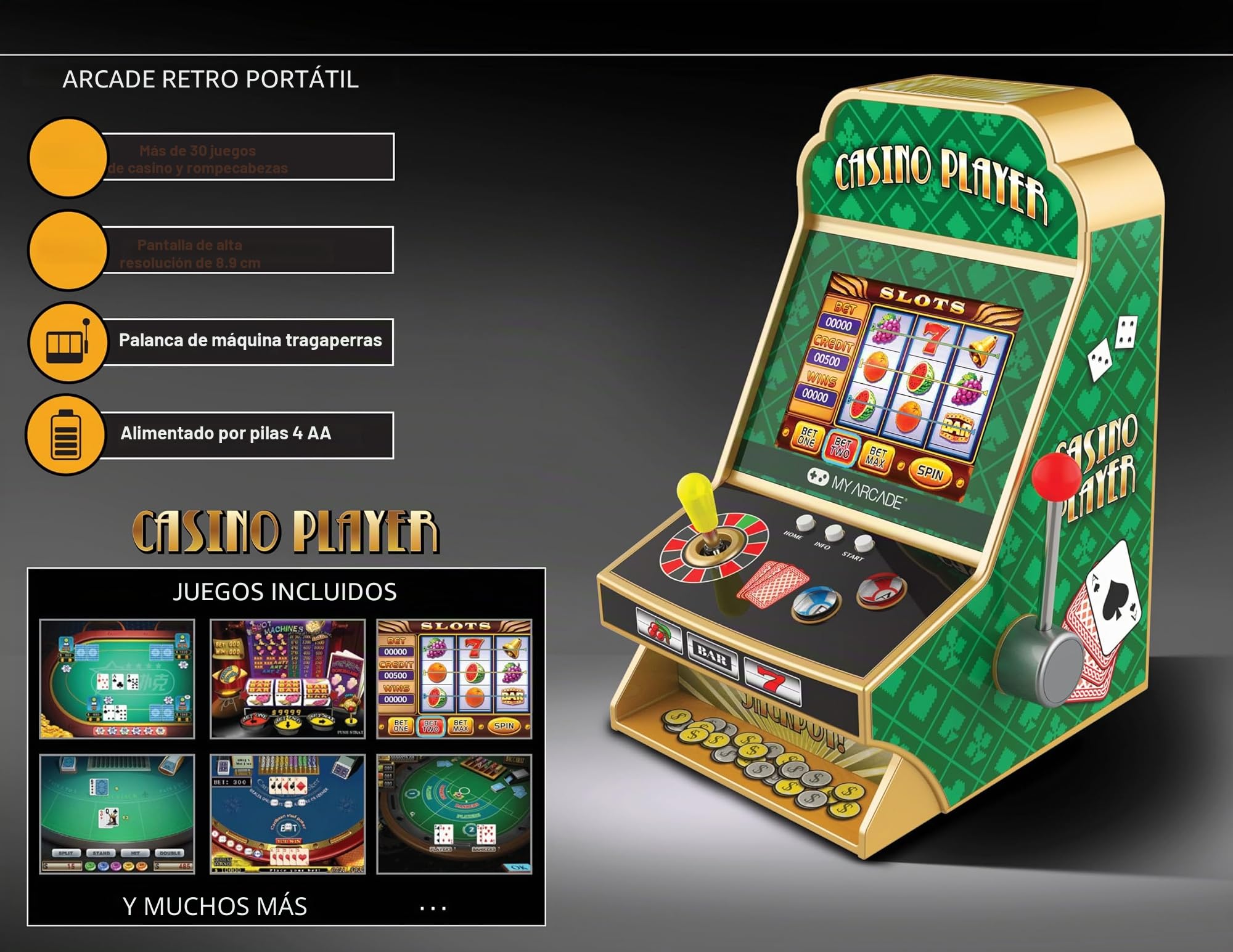 MY Arcade Jugador de Casino: Arcade Retro, Máquina Tragamonedas, Juegos de Casino y Rompecabezas, Arcadas para el Hogar, Incluye 30+ Juegos