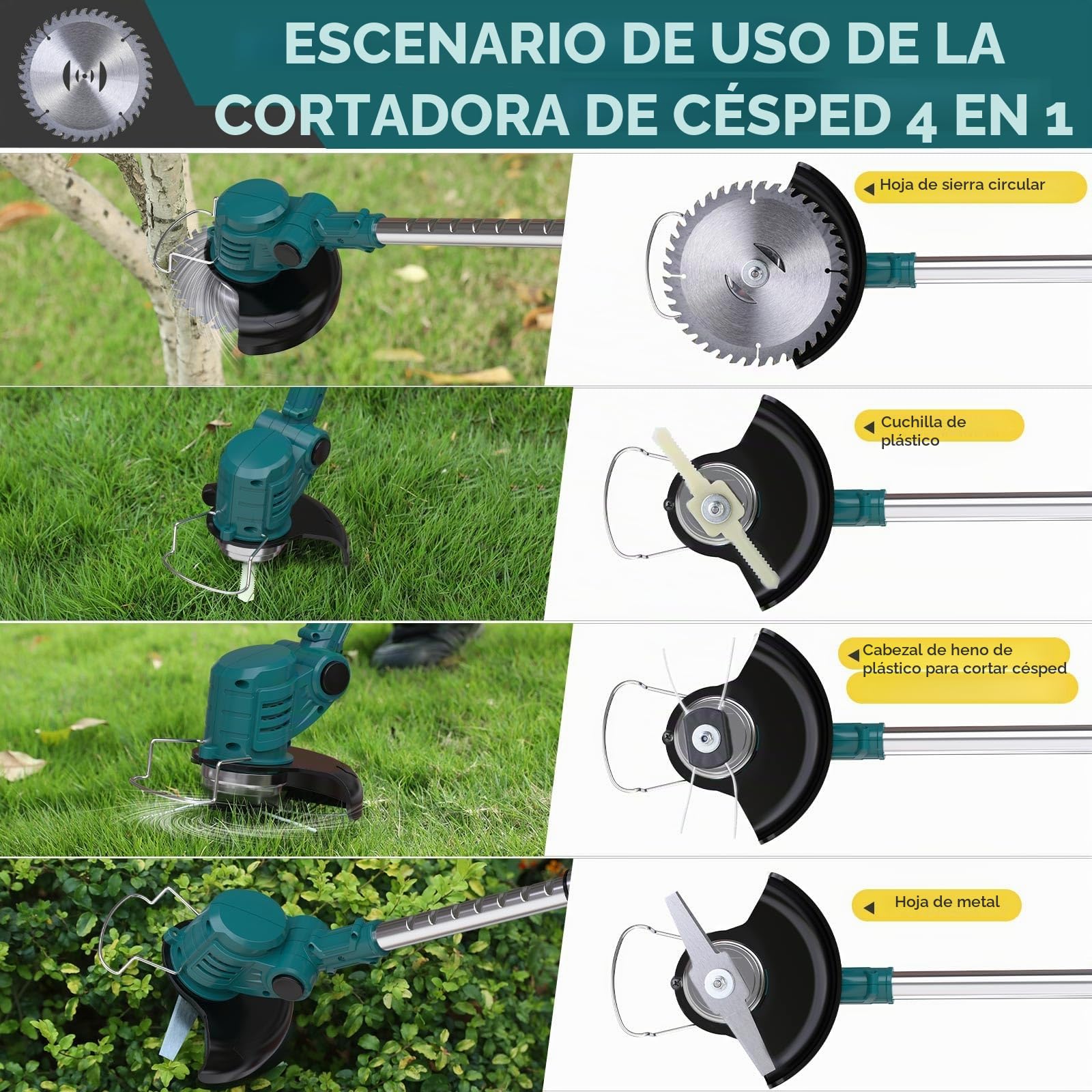 Desbrozadora Bateria 3 En 1, Desbrozadora Electrica para Baterías Makita - Incluye 4 Cabezales Intercambiables, Telescópico, Giro Ajustable 90°, Ideal para Césped y Arbustos (Sin Batería)