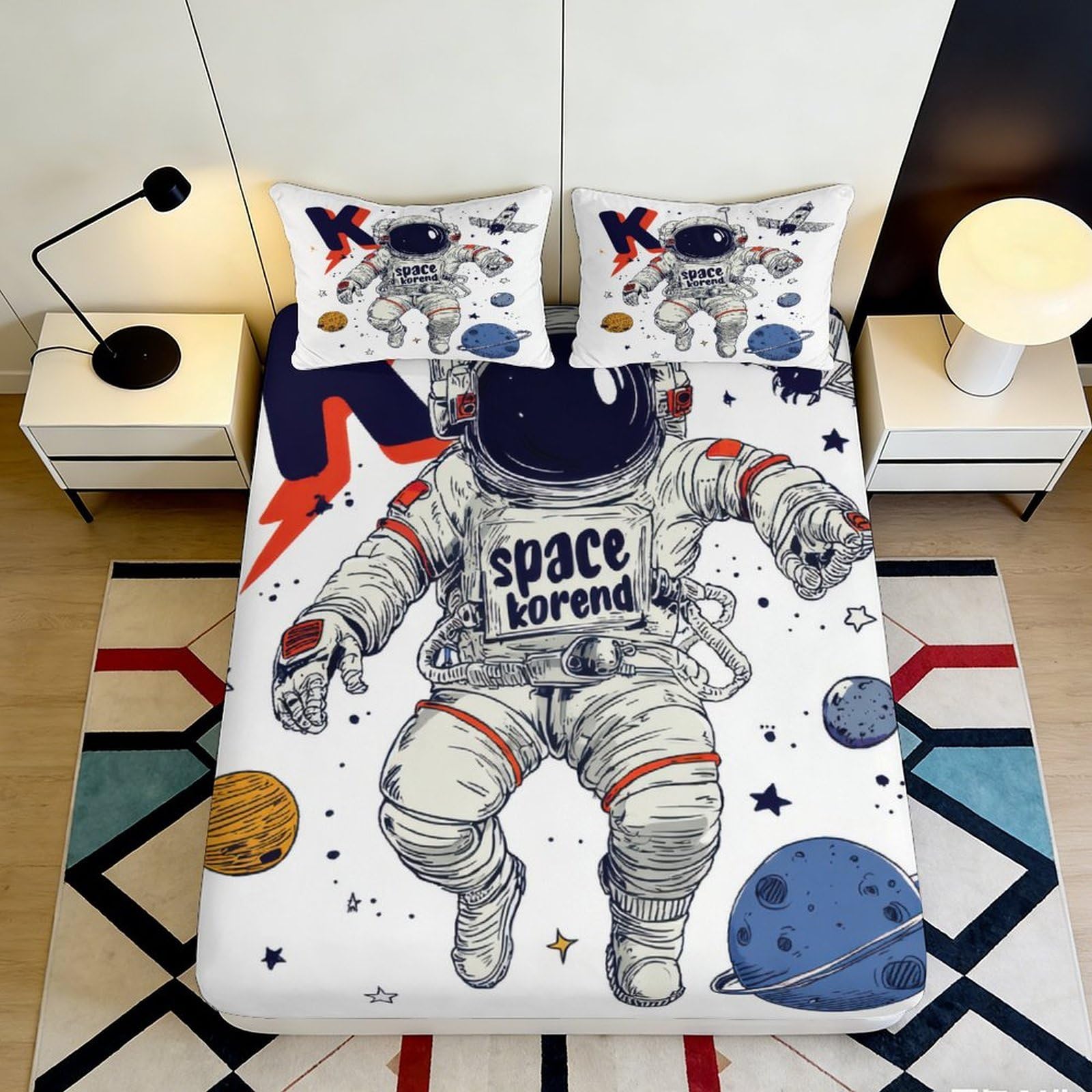 3D Printed Astronaut Space Fitted Sheet Microfiber Soft Durable Planet Bed Cover for Bedroom Dormitory Guest Room Mattress Protection Decor 200x200x25cm
