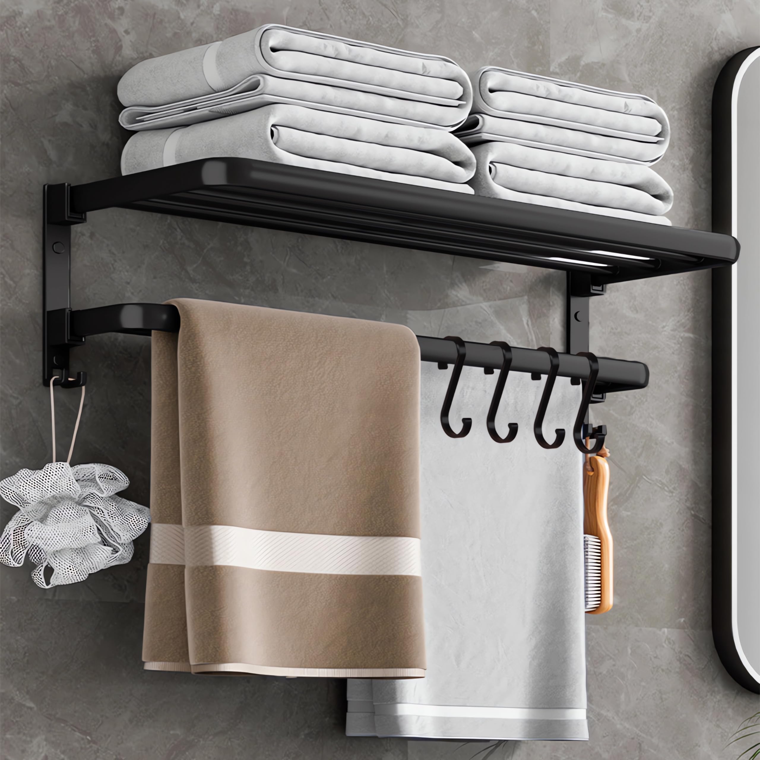 Porte-Serviettes sans perçage,Barre de Serviettes de Douche Mural,Double Support de Serviettes Pliable à 90°,Étagère à Serviettes avec 4 Crochets Amovibles,Longueur env. 60 cm,Noir