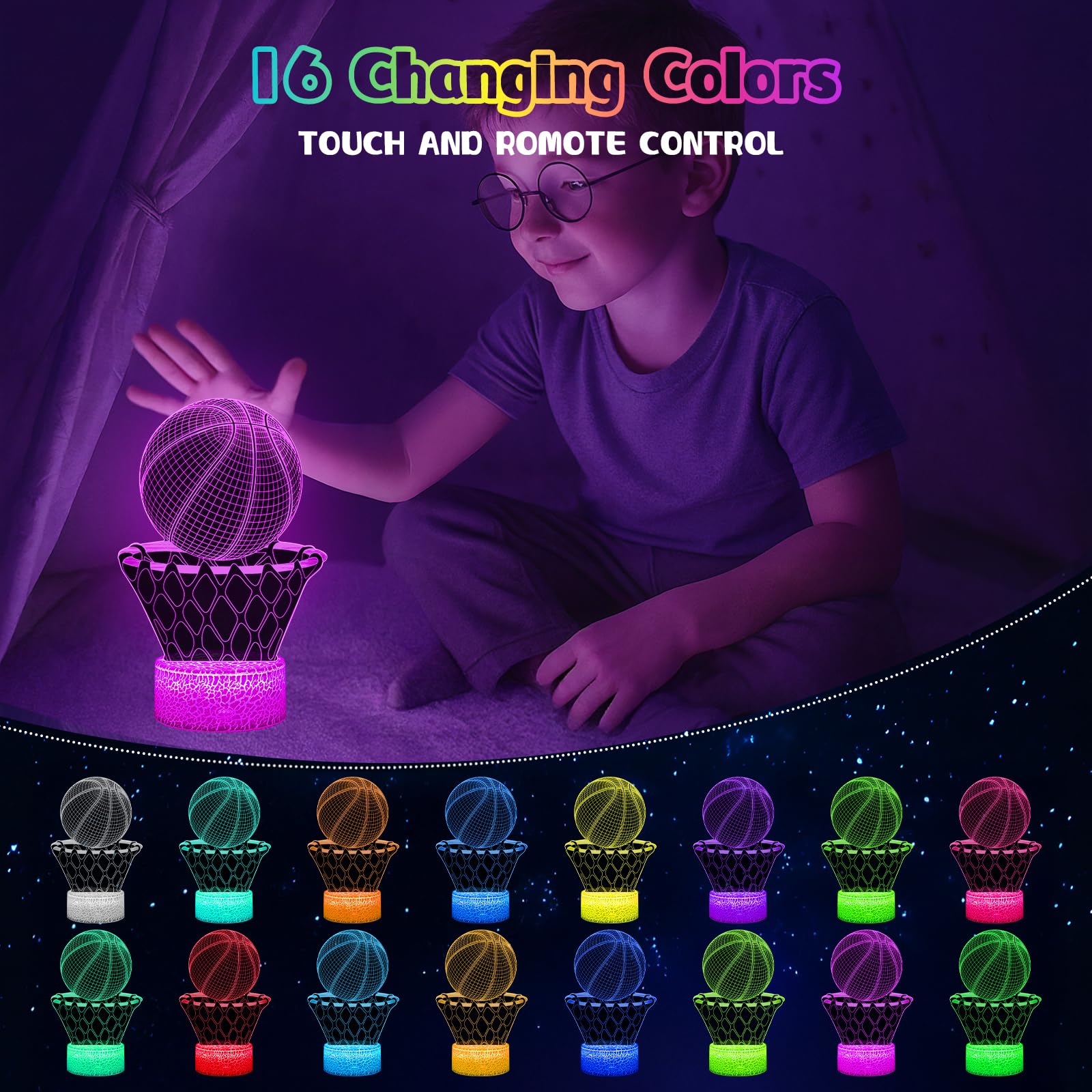 Eygerur 3D Lampada Pallacanestro - 2 Pezzi pallacanestro Luce Notturna Bambini - 16 Colori Lamp Intelligente Con Telecomando a LED Illusione Idea Regalo di Natale Decorazione Per la Camera dei Bambini