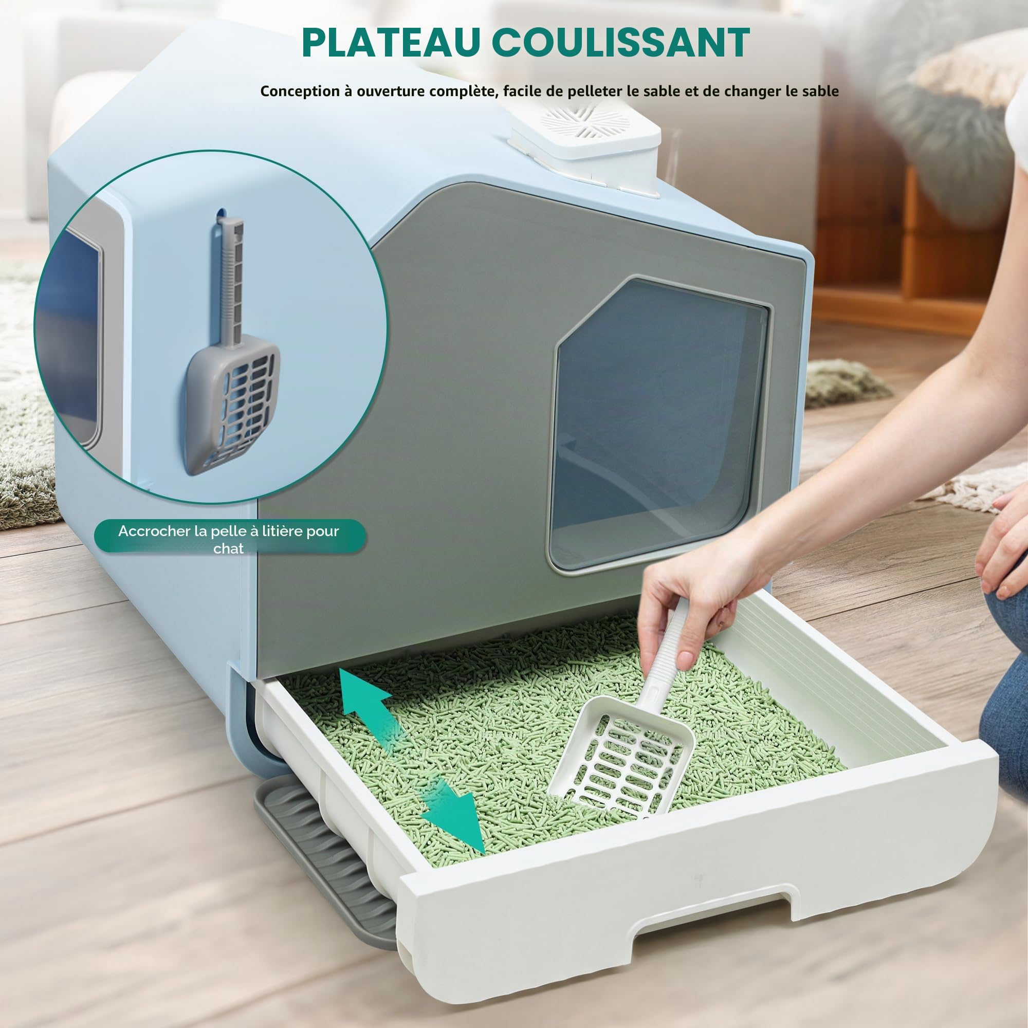 YITAHOME Bac à litière pour chat avec couvercle, pelle, nettoyage facile, côtés hauts (bleu)