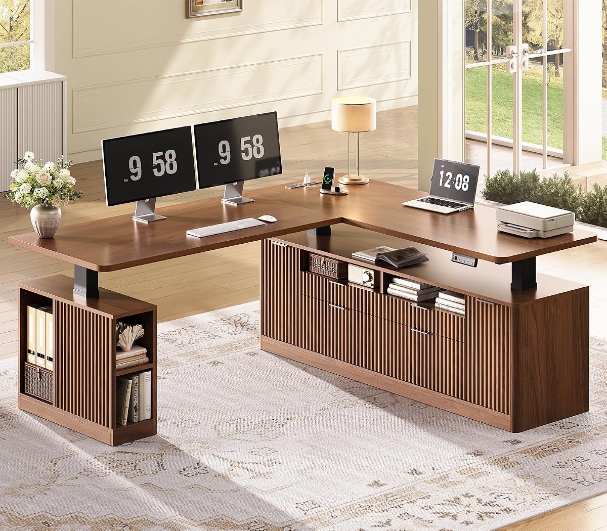 SEDETA Fluted L Shaped Executive Electric Standing Desk with 4 Drawers | 69" x 55" Height Adjustable Office Desk with Storage Shelves, Power Outlet, Sit Stand Computer Desk, Brown
