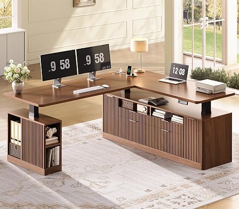 SEDETA Fluted L-Shaped Executive Electric Standing Desk with 4 Drawers