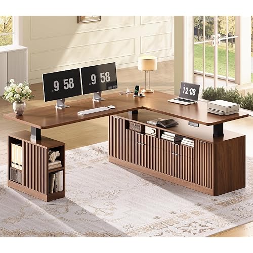 SEDETA L Shaped Electric Standing Desk, 69" x 55" Height Adjustable Office Executive Desk with 4 Drawers and Storage Shelves, Fluted Sit Stand Computer Desk with Power Outlet, Brown