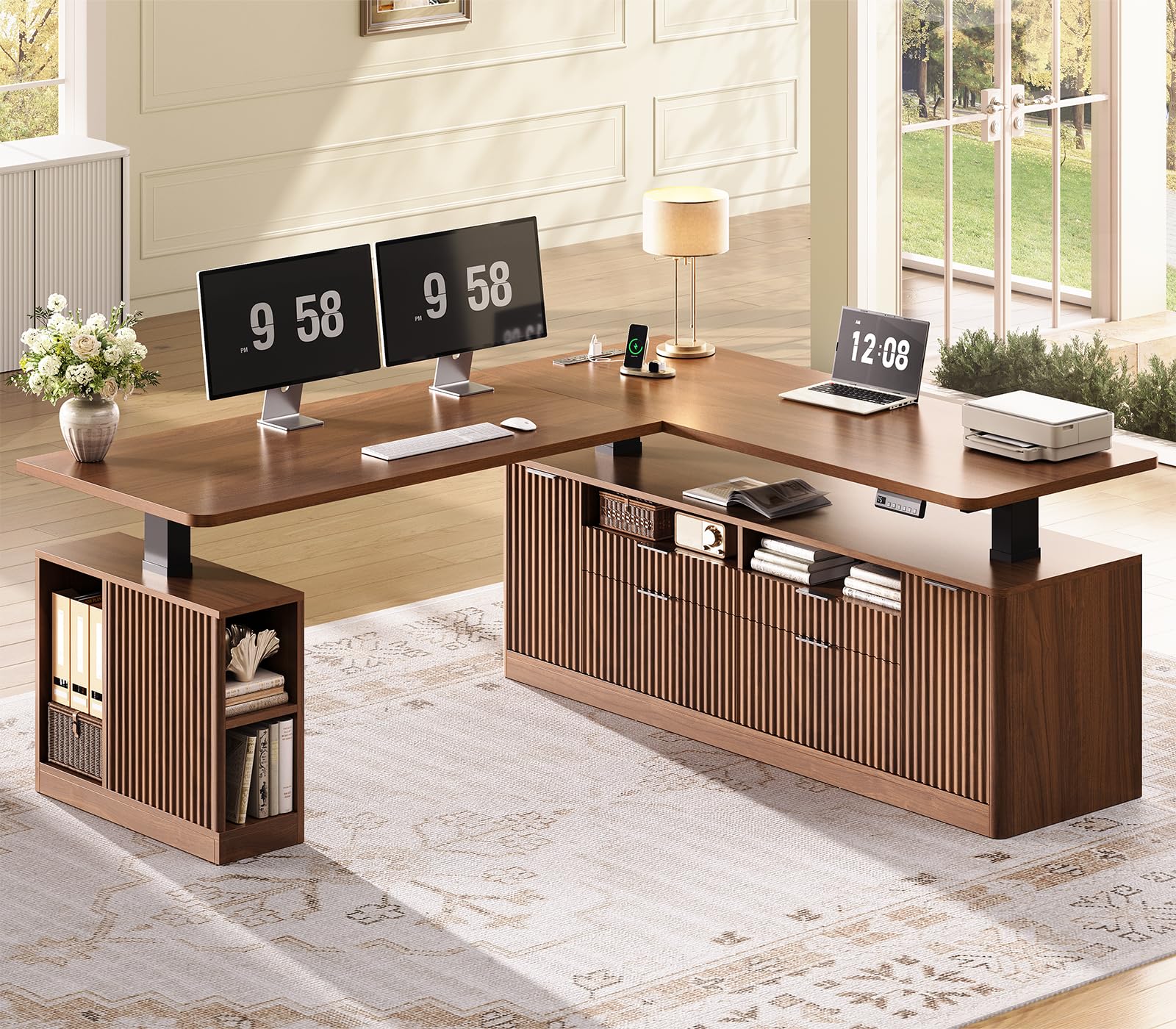 SEDETA Fluted L Shaped Executive Electric Standing Desk with 4 Drawers