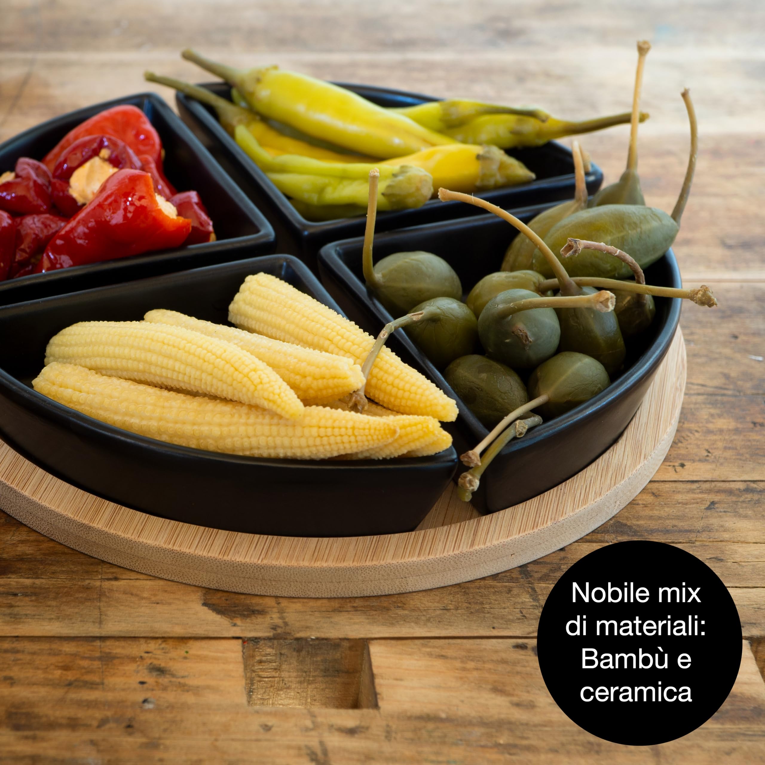Moritz & Moritz 7 pz. Serving Set Bay Leaf - ciotole in ceramica vassoio in ardesia e cucchiaio di bambù - per salse snack antipasti dessert
