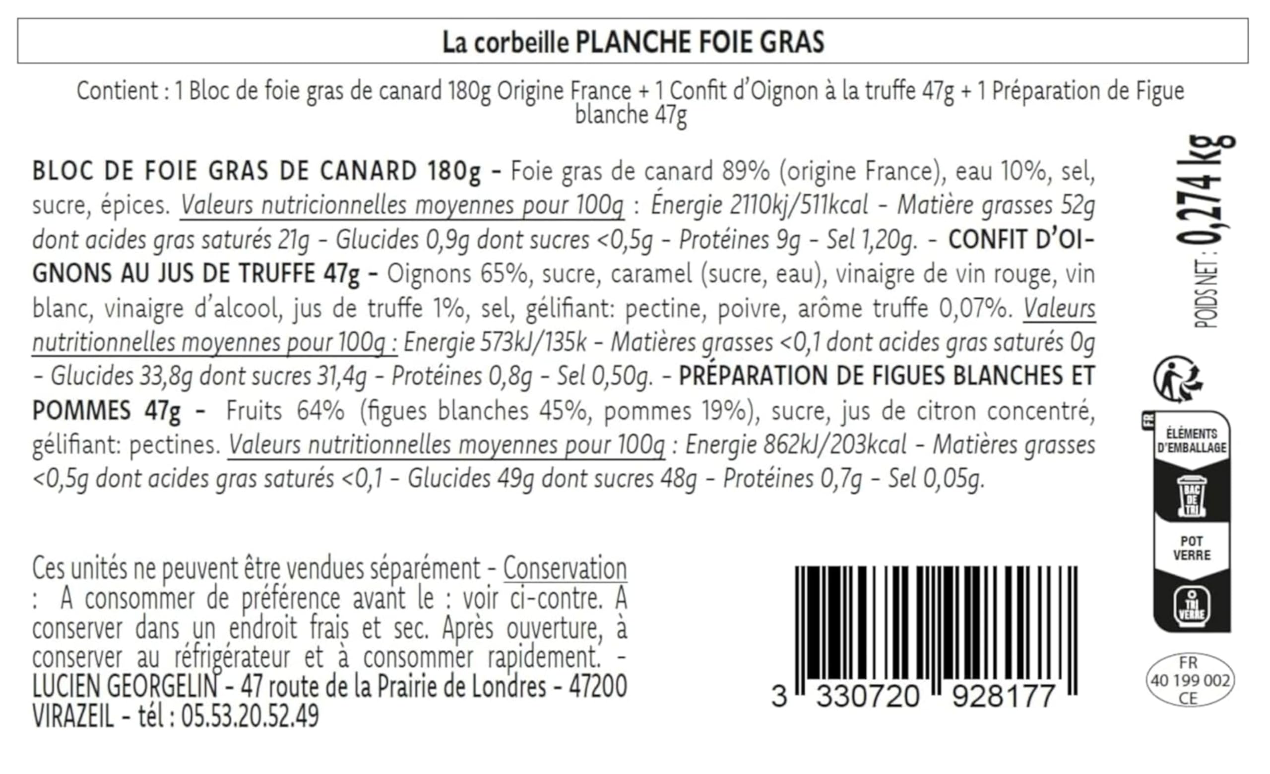 Lucien Georgelin Coffret Cadeau Planche Foie Gras 274g | 1 Bloc Foie Gras Origine France 180g, 2 Confits 47g