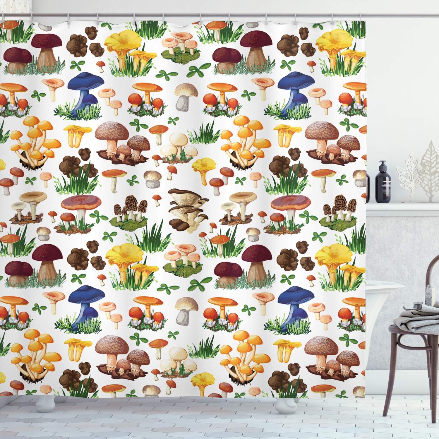 Ambesonne Mushroom Decor Shower Curtain Set, Pattern with Types of Mushrooms Wild Species Organic Natural Food from Nature Garden Theme, Bathroom Accessories, 69W X 70L Inches, Multi