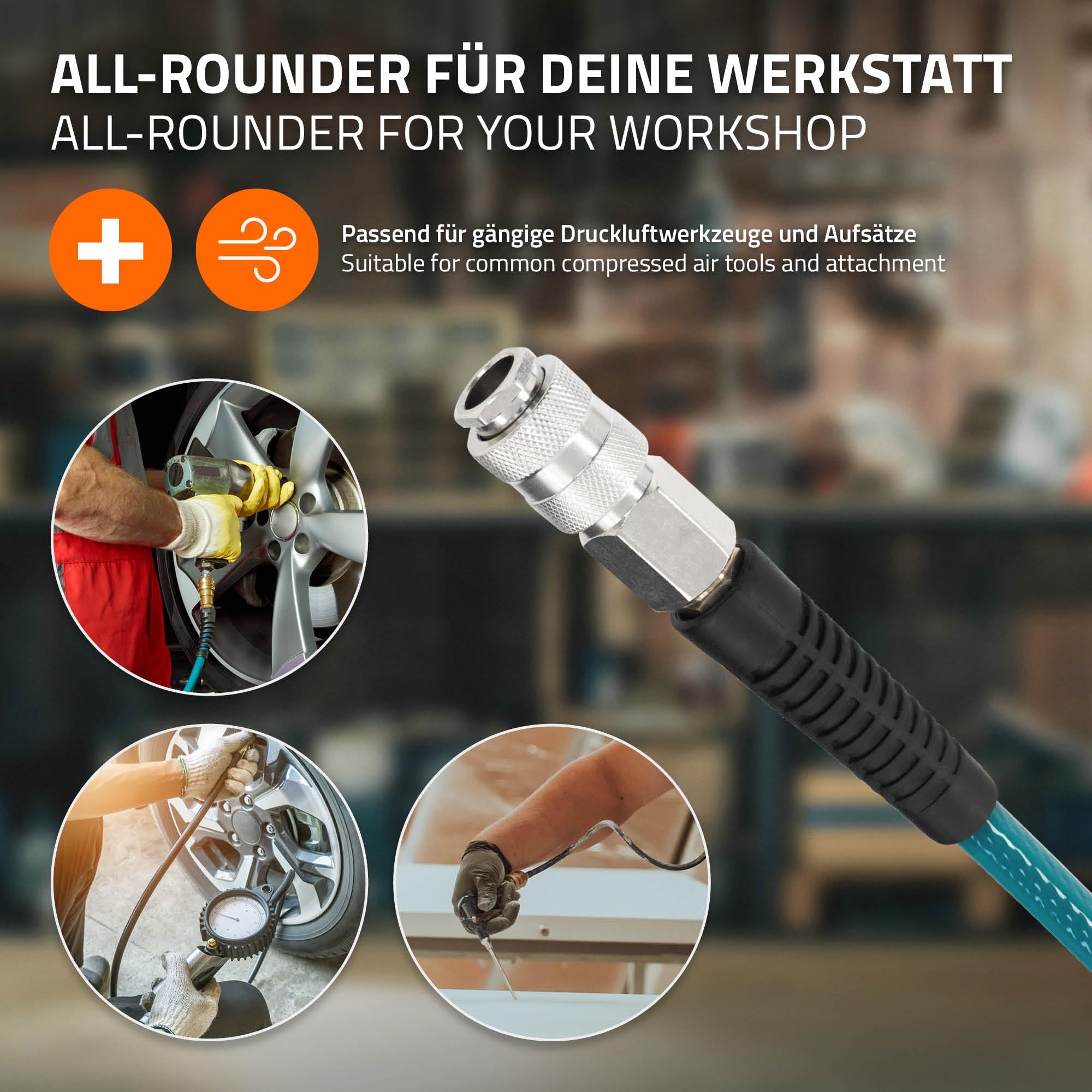 ECD Germany Druckluftschlauchtrommel 20m+2m, Automatischer Aufroller mit Arretierfunktion, 1/4" Anschluss, Schnellkupplung, 15 bar, 180° schwenkbar, Ø12mm, Automatik Schlauchaufroller für Wandmontage