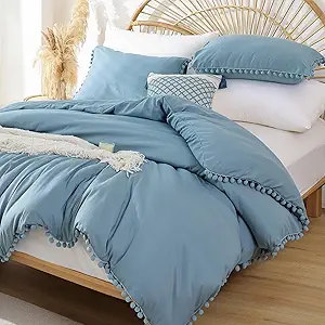 YIRDDEO King Size Comforter Set - King Size Comforter with Ball Pom Fringe, Soft King Bedding Set for All Seasons - 3 Pieces, 1 Comforter (104"x90"inches) & 2 Pillow Shams(20"x36"), Dusty Blue