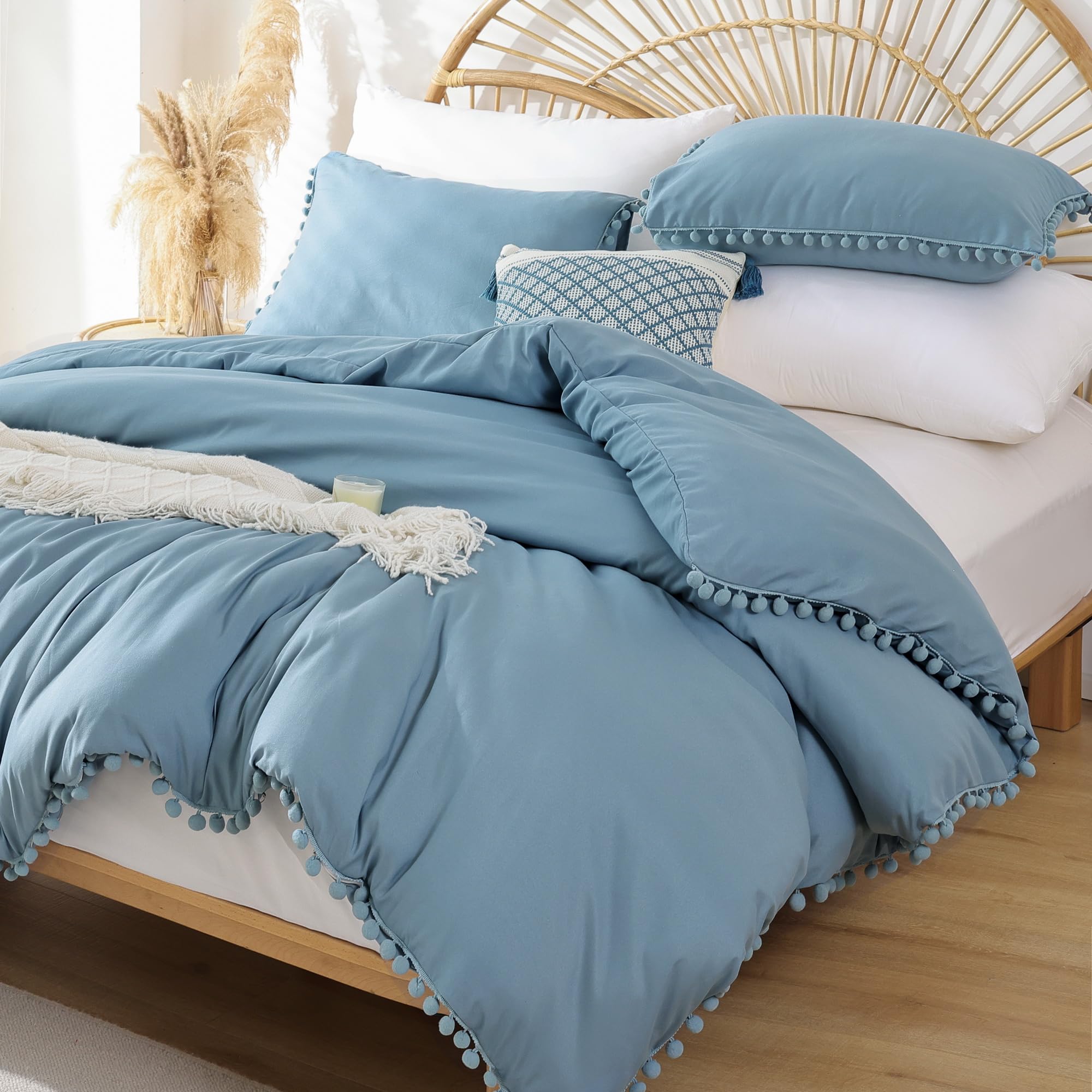 YIRDDEO Dusty Blue Ball Pom Fringe Design King Comforter Set 3pcs, Boho