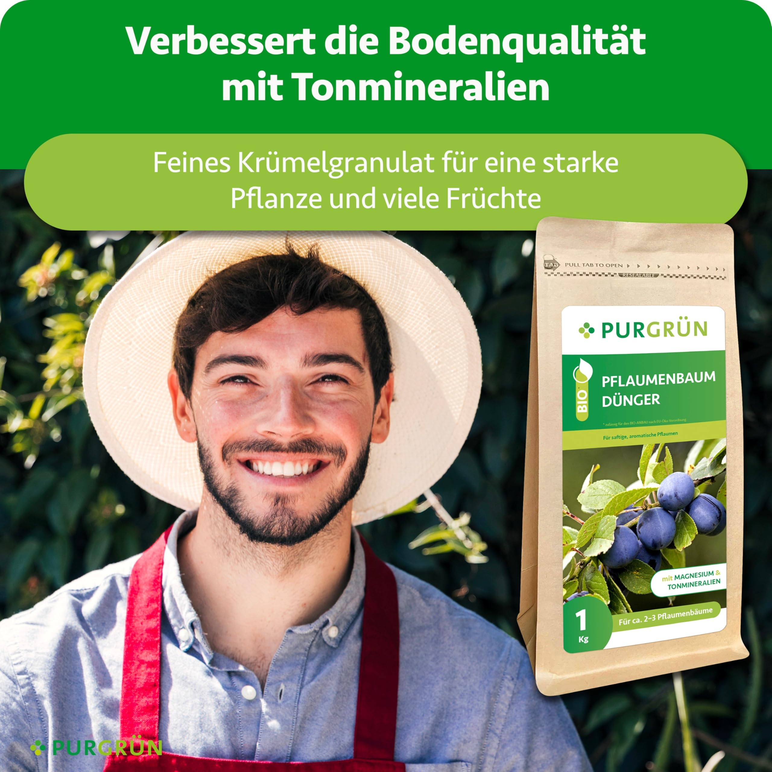 Bio-Pflaumenbaum-Dünger 1 kg – Organisch-mineralische Rezeptur – Feinkörniges Krümelgranulat – NPK 6+3+8 – Mit Magnesium für saftige, aromatische Pflaumen – Verbessert die Bodenqualität