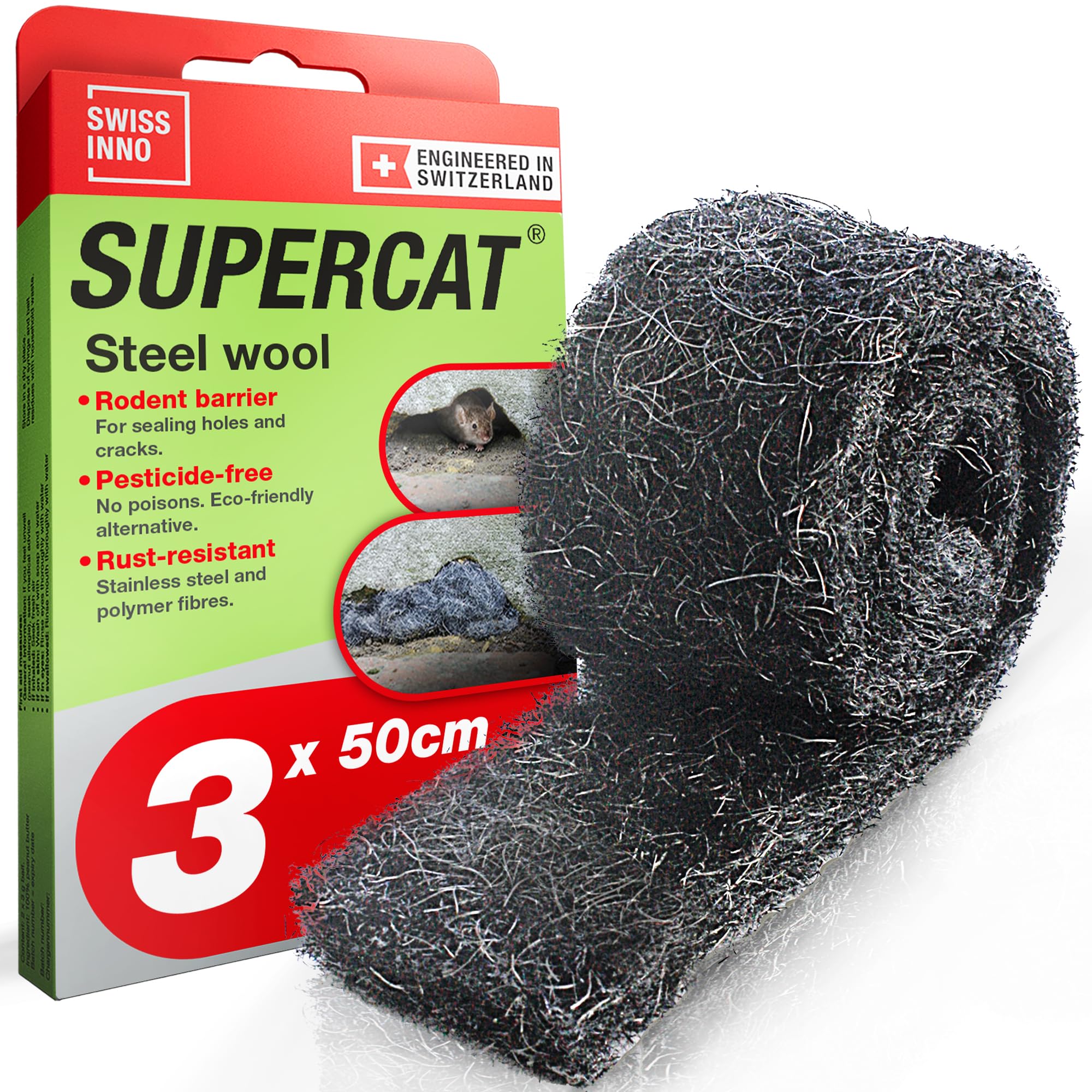 SWISSINNO Stainless Steel Wool Rodent Blocker – Gap Seal for Mice, Rats & Martens – Wire Wool/Rodent Mesh (Rat Mesh) – Mouse Stop & Rat Blocker – Home, Garage & Garden – (3 Pack)