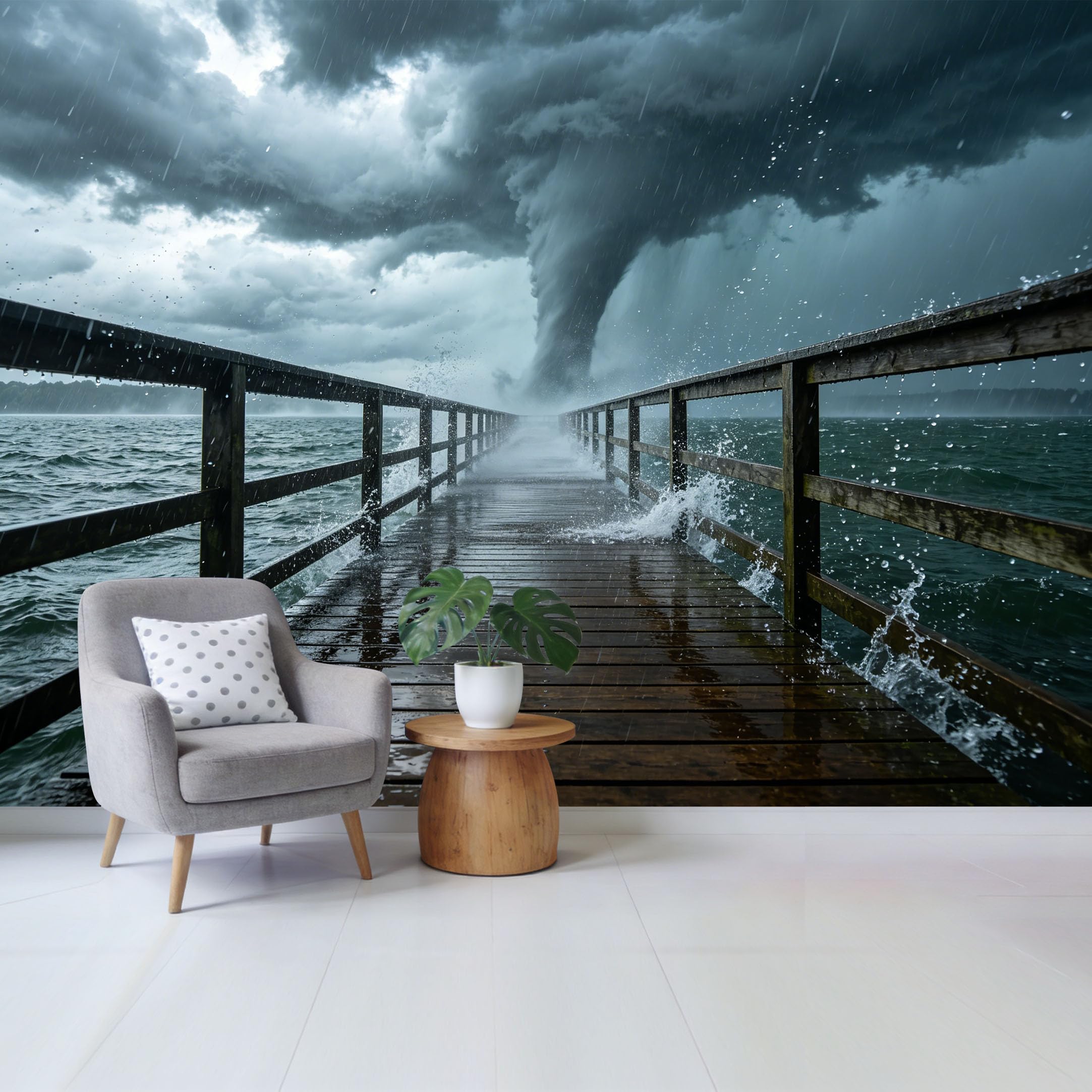 Custom Size Wall Mural Dramatic Stormy Tornado Over Ocean Pier Landscape 3D Removable Self Adhesive Fabric，Home Wall Decor for Living Room Bedroom Bathroom
