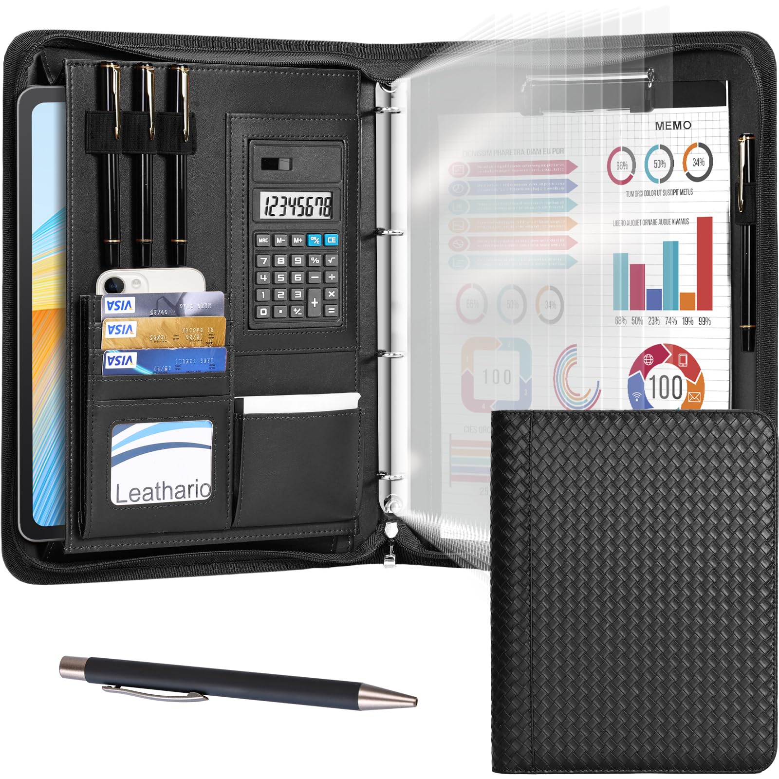 Leathario Portfolio Folder A4, Vegan Leather 4-Ring Conference Folder, Includes 10 Clear Sheet Protectors and a Pen, Multi-Pocket Travel Document Holder Organiser, Office Supplies