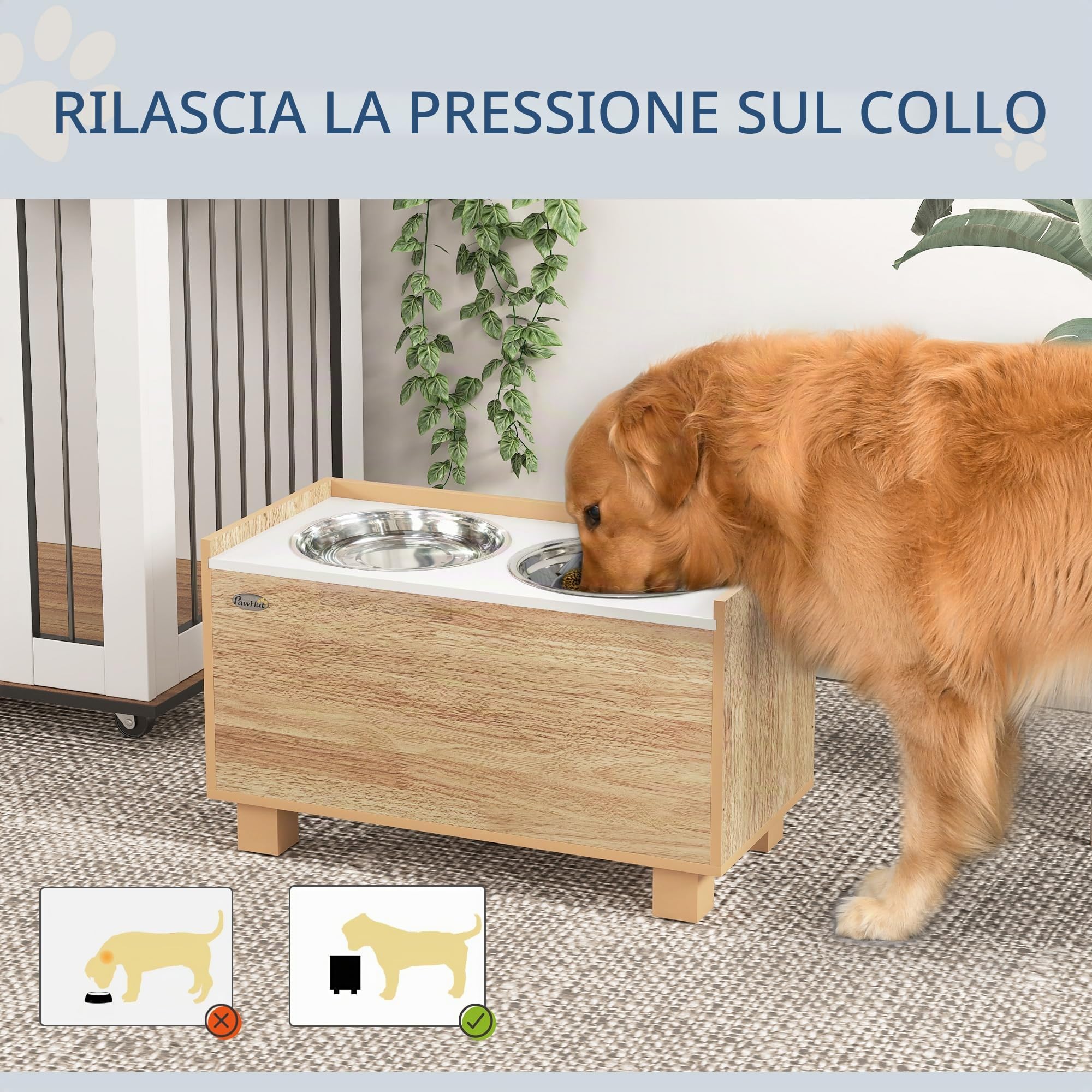 PawHut 14"H Ciotole rialzate per cani Supporto per animali grandi Quercia | Stazione alimentazione animali, ciotola anti-ingozzamento rimovibile, 2 ciotole inox per cibo e acqua, contenitore