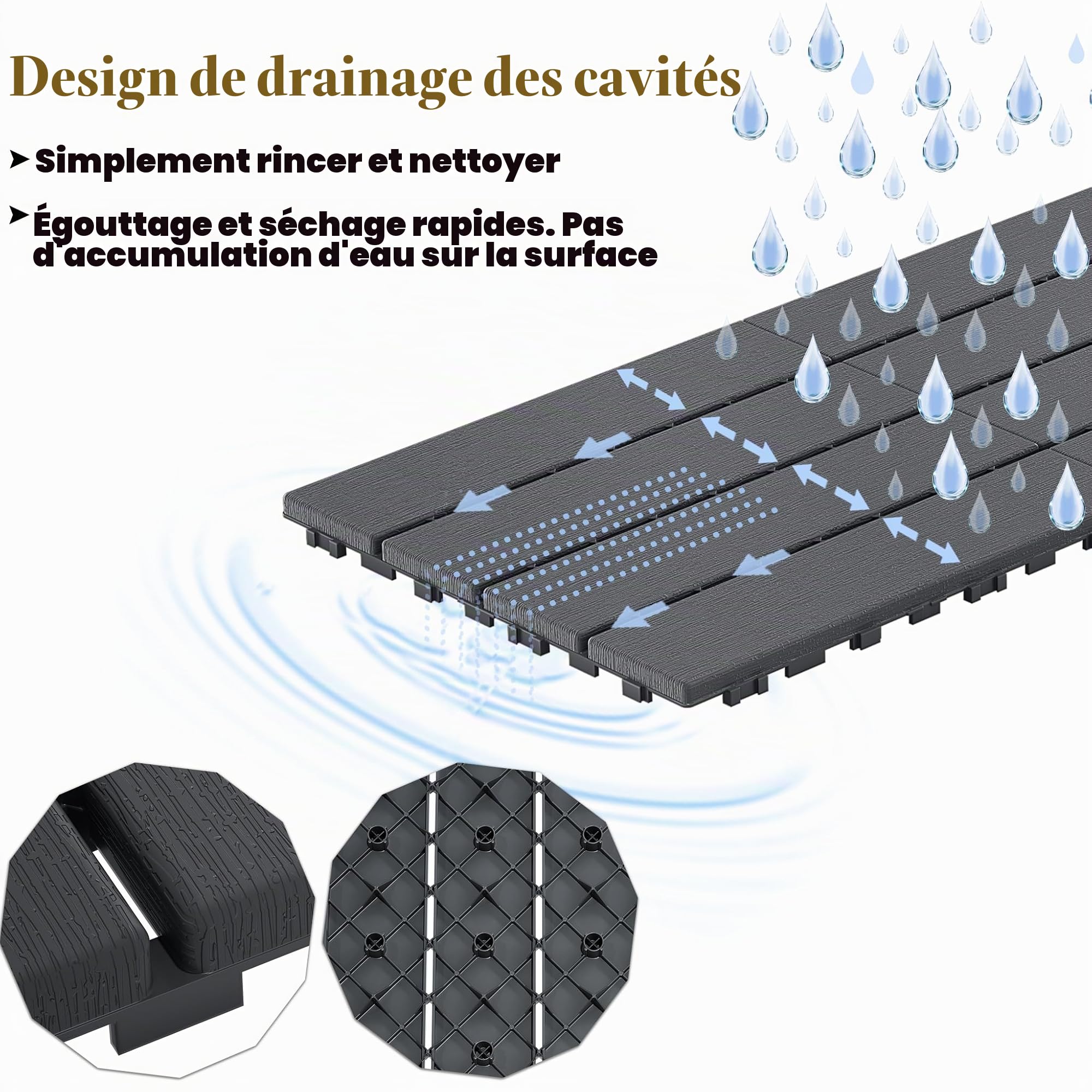 UISEBRT Lot de 44 dalles de terrasse à clipser, avec aspect grain de bois, résistantes aux intempéries, avec fonction de drainage, 30 x 30 cm, anthracite