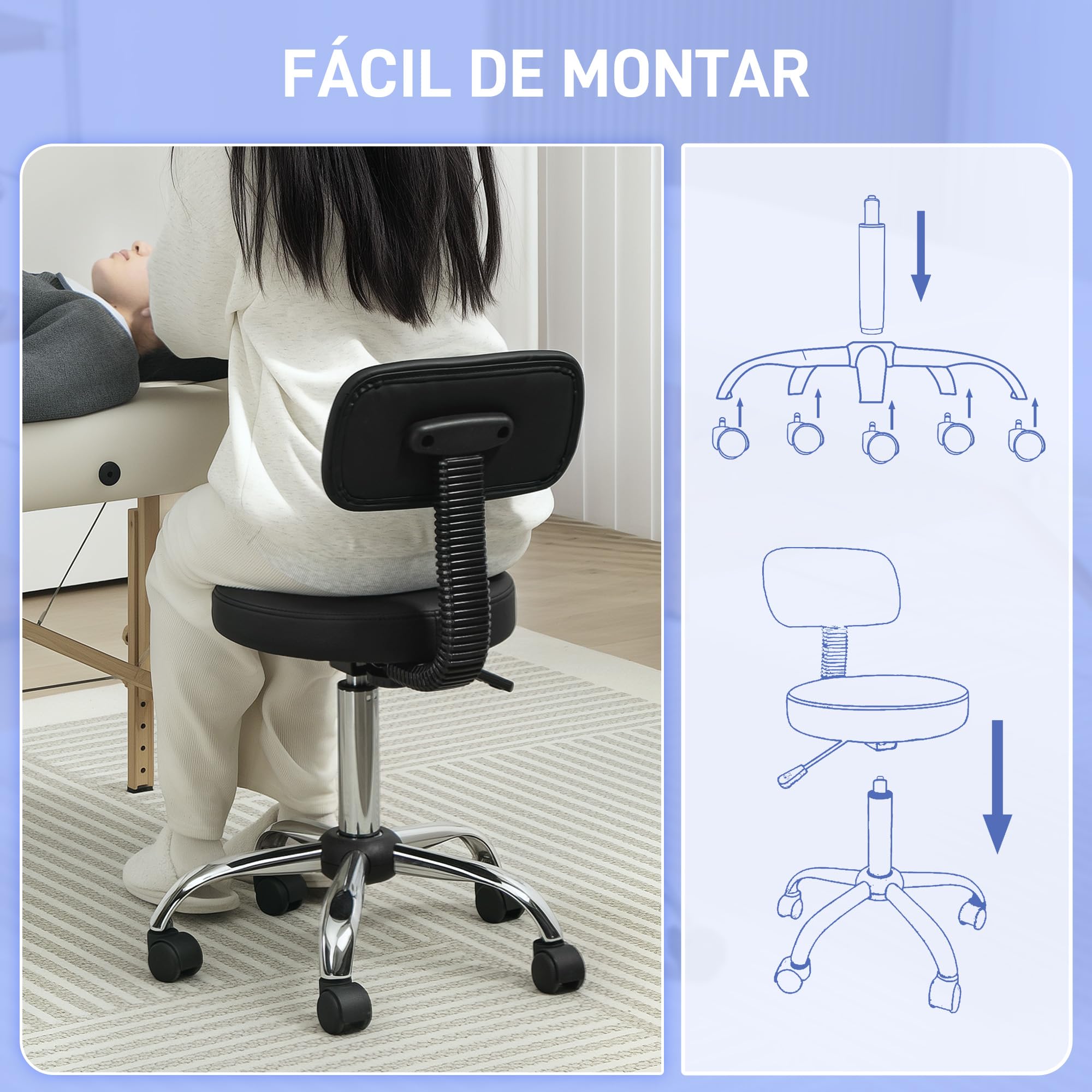 HOMCOM Taburete con Ruedas Giratorio, Taburete de Trabajo con Respaldo Desmontable, Altura Regulable, Tapizado en Cuero Sintético, para Oficina, Dormitorio, Negro