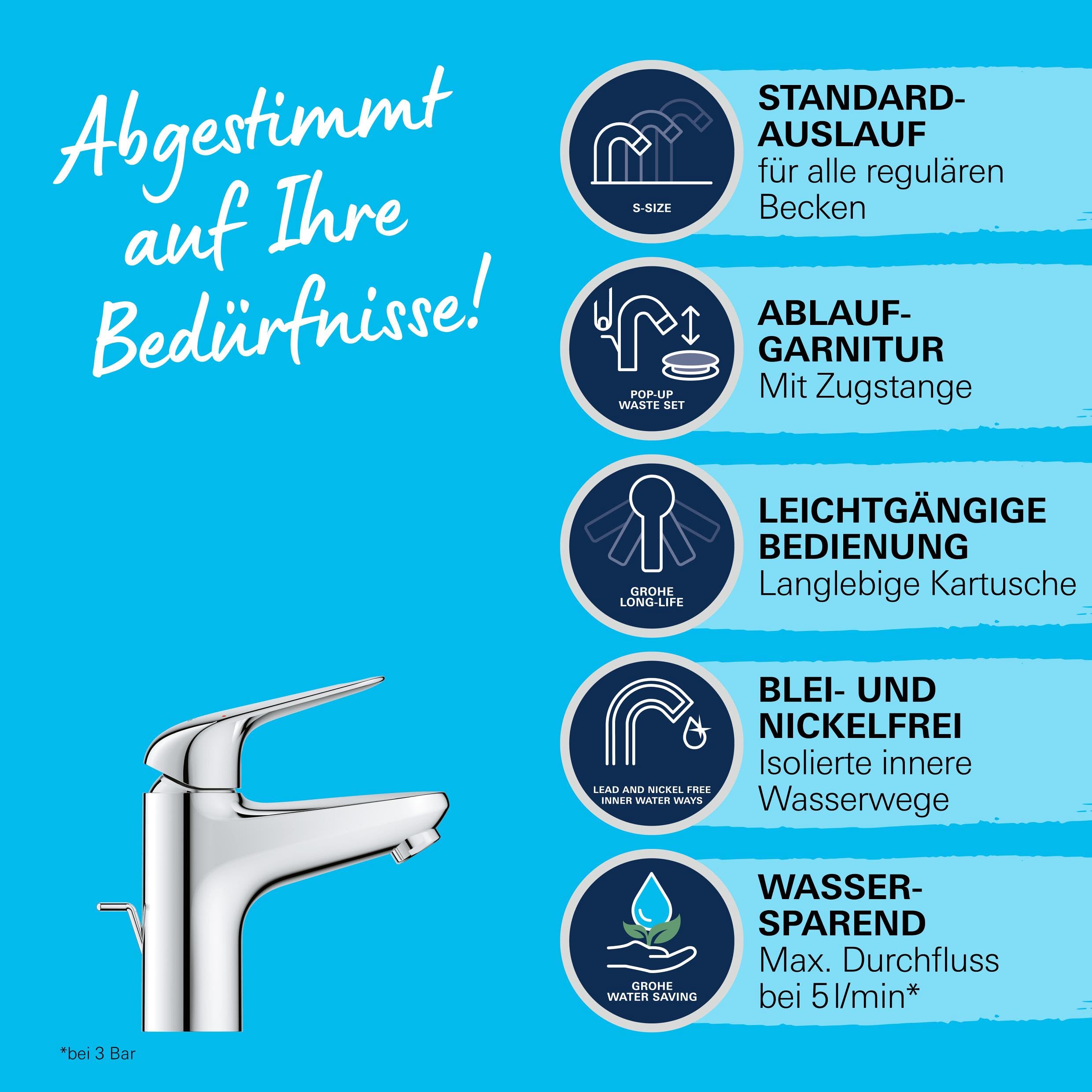 GROHE Swift, Waschtischarmatur, wassersparend (Wasserhahn für das Bad, Badarmatur mit Zugstangen-Ablauf, 16cm hoch, mit 3in1 Werkzeug, einfache Installation am Waschbecken), chrom, 24316001
