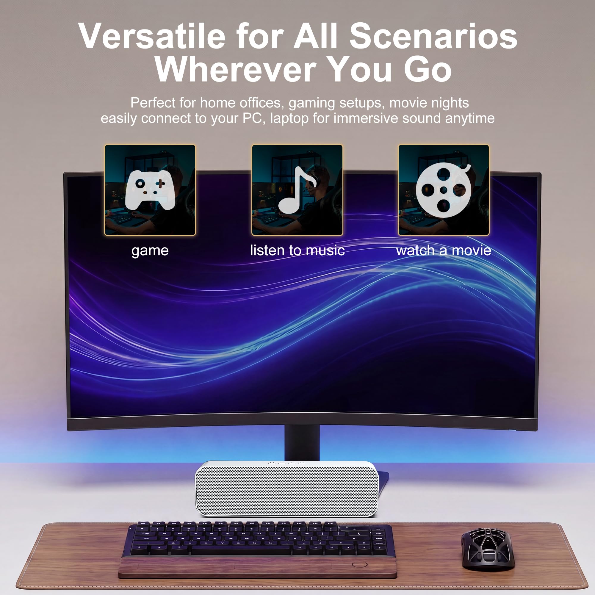 Haut-parleurs d'ordinateur pour PC de bureau, alimentés par USB et Plug and Play, avec entrée auxiliaire Bluetooth 5.3/3,5 mm, petite barre de son pour ordinateur portable avec stéréo