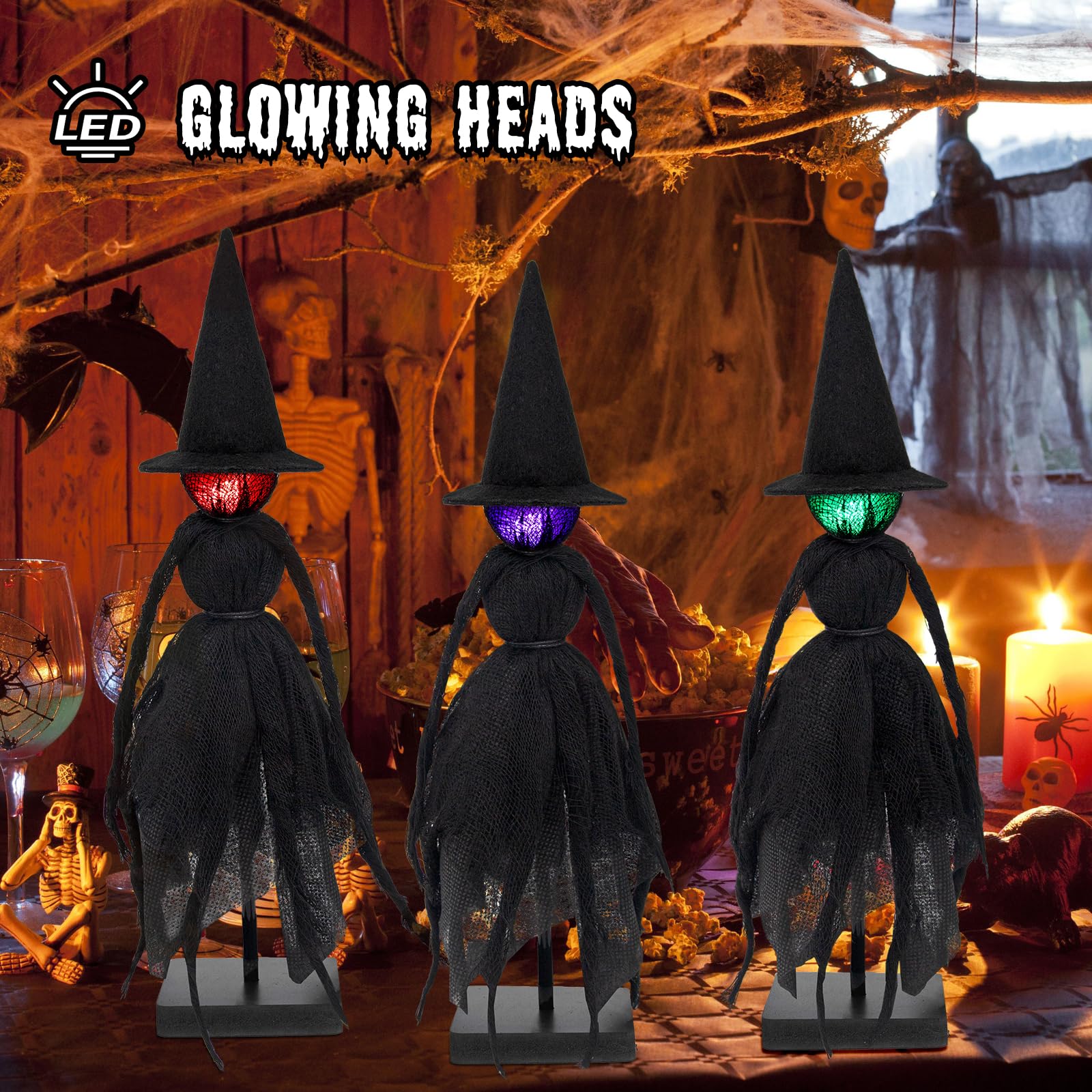 KOITHE Halloween Decorations Indoor, Set of 3 Primitive Witch with Hats, Spooky Halloween Witch Figurines with 3 LED Colors for Mantel, Shelf & Tabletop Decor Collectible Figurines