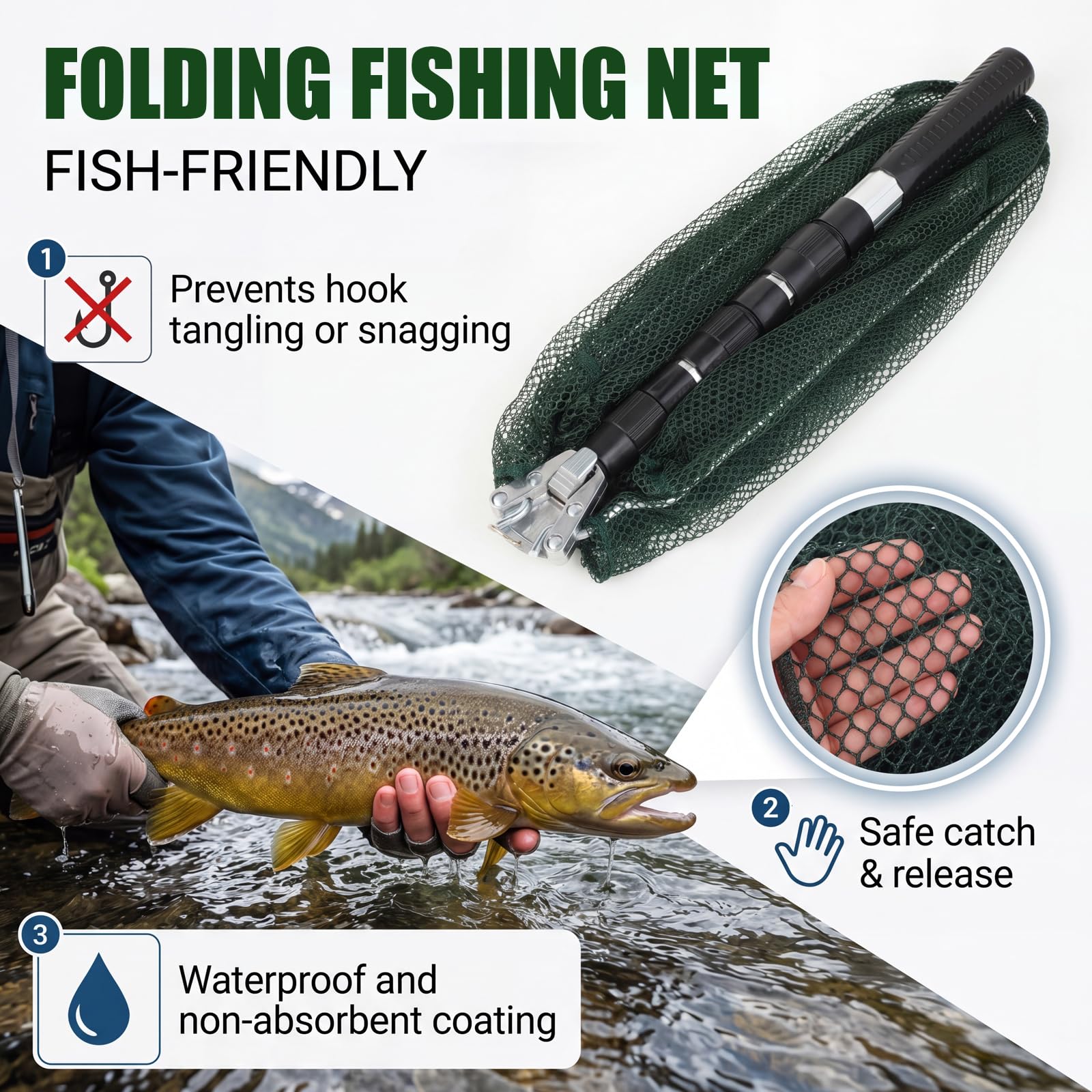Red de Pesca Plegable Red telescópica con Mango Antideslizante Red Extensible para capturas Accesorio de Pesca al Aire Libre para estanques,Lagos,Arroyos y Pesca Desde Barco