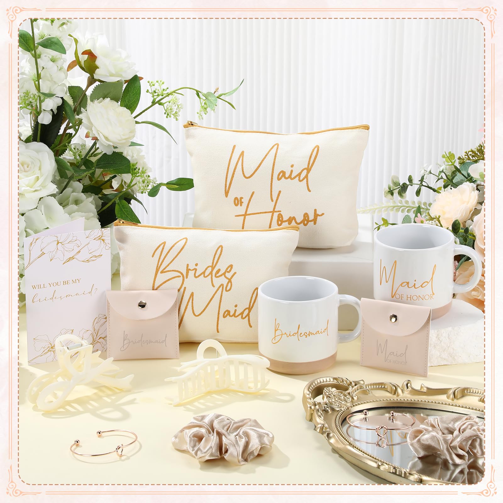 Didaey 42 Pcs 6 Sets Wedding Favors Bridesmaid Proposal Gifts Maid of Honor Ceramic Coffee Cups Cosmetic Makeup Bags Invited Cards Scrunchies Knotted Bracelets Jewelry Bags Hair Claw Clips(Champagne)