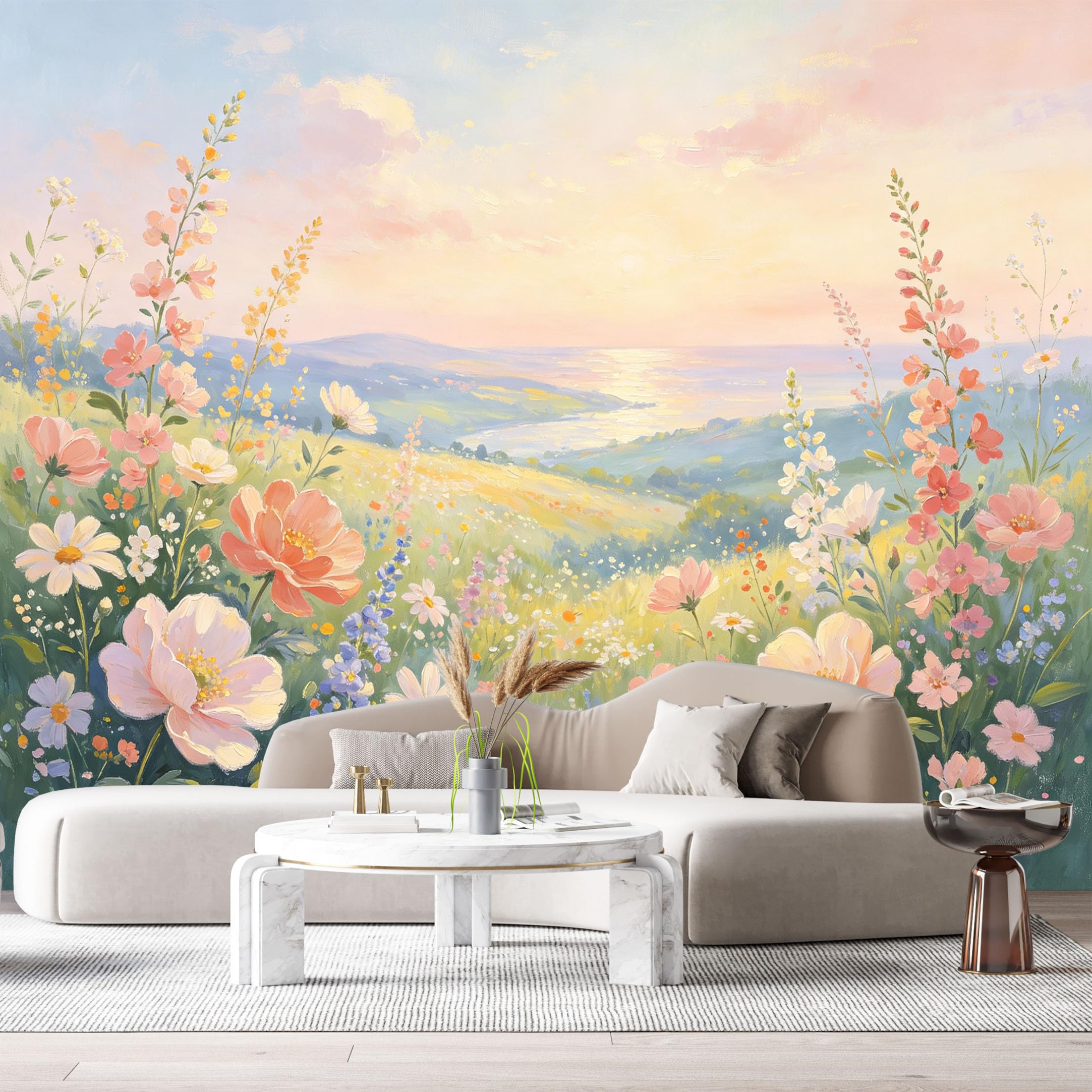 Custom Size Wall Murals Botanical Wildflowers Landscape Oil Painting Sunset Coastal Meadow SelfAdhesive Wall Fabric Removable Large Wallpaper for Photo Living Room