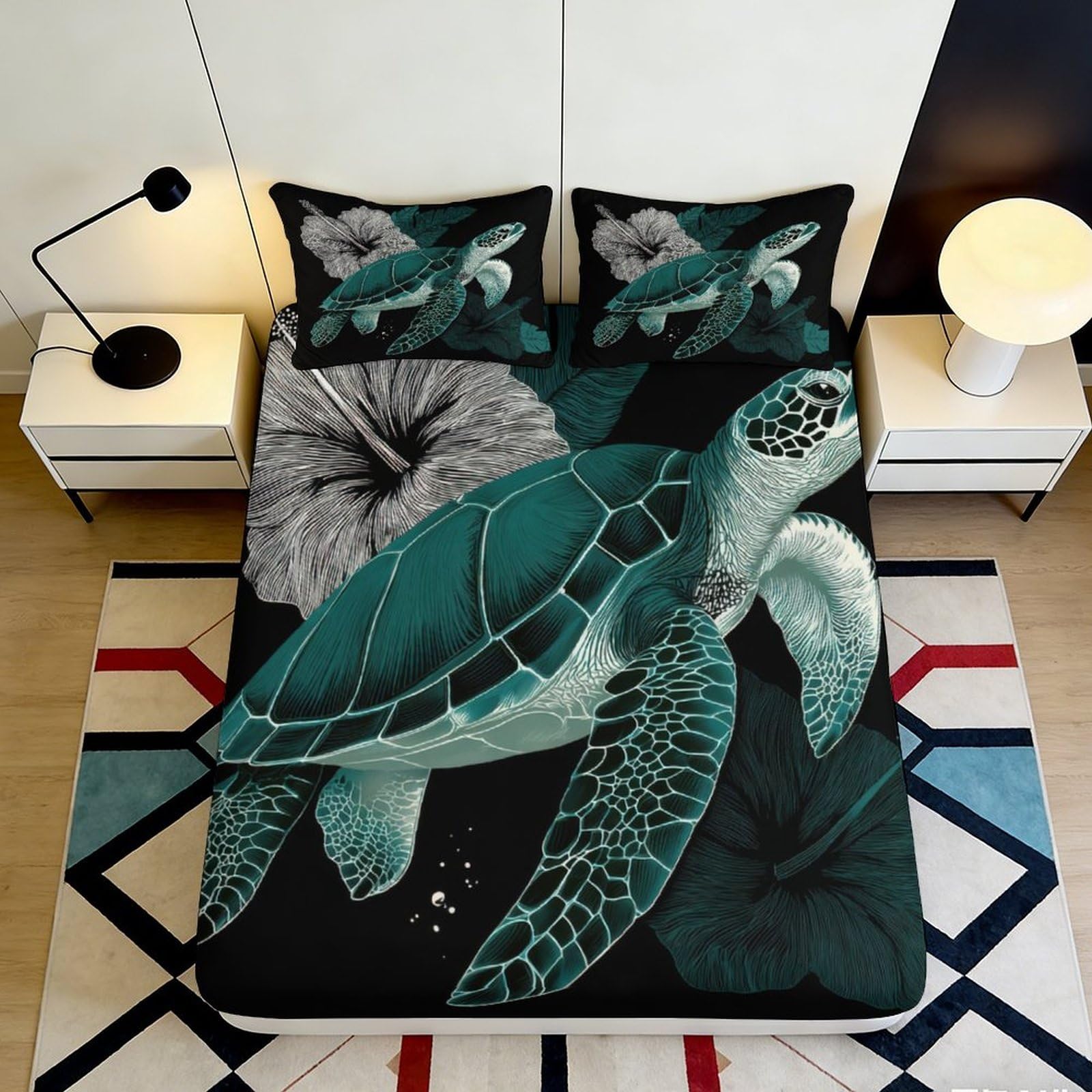 3D Printed Sea Turtle Fitted Sheet Microfiber Soft Breathable Ocean Flower Mattress Cover for Bedroom Dorm Decor 90x200x25cm