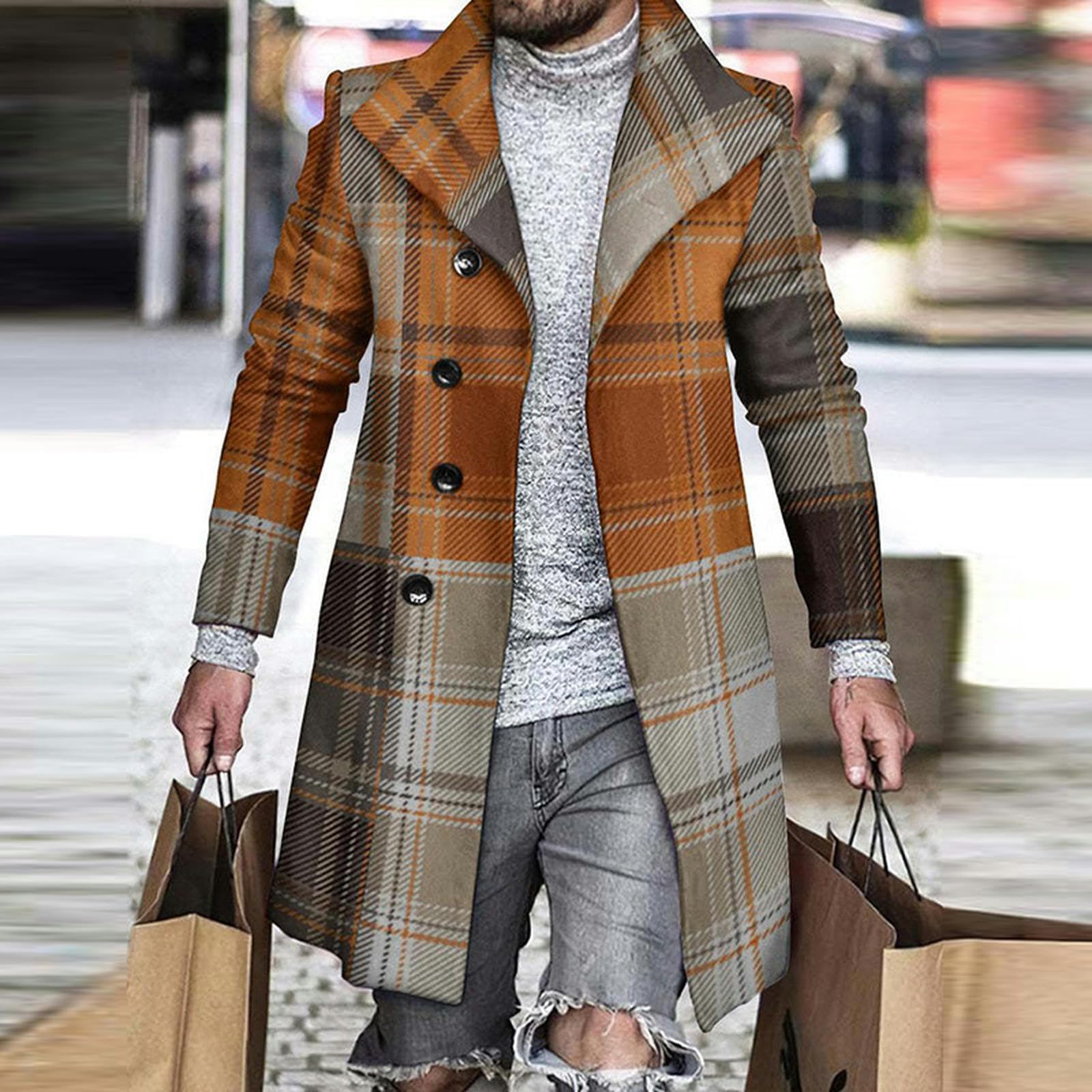 Cappotto di Lana con Impunture con Stampa Pied de Poule retrò Uomo Casual Giacca con Bottoni con Colletto rovesciato Autunno Inverno Tasca Lunga Giacca a Vento da Uomo