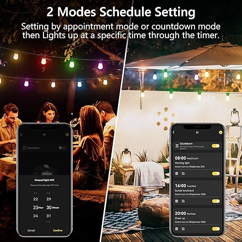 Miniatura 5 de Diivoo Cadena de luces para exteriores de 49.2 ft48 pies, luz de patio con aplicación inteligente, reconocimiento de color, temporizador y