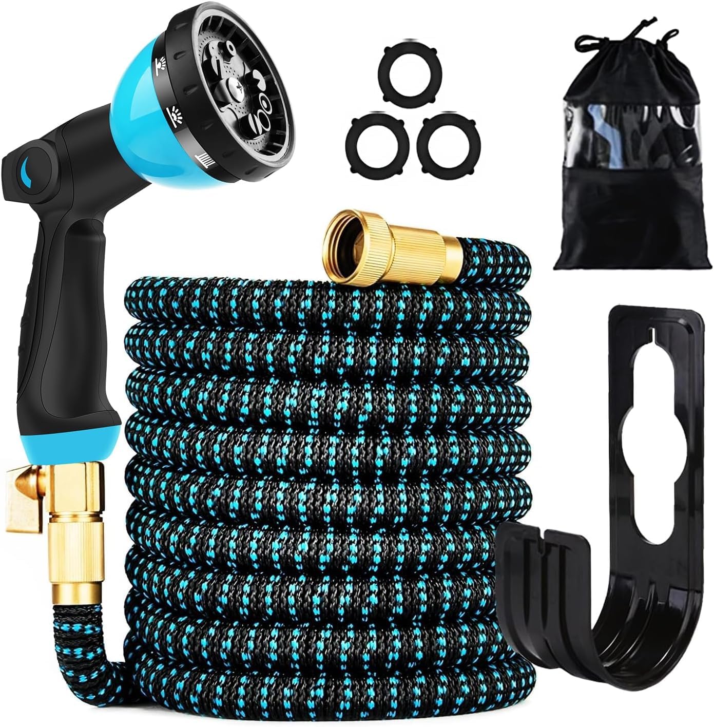 expandable garden hose 100ft-expanding water hose with thumb-controlled 10 spray nozzles&3750d outer fabric, durable collapsible latex core, ultra lightweight & flexible