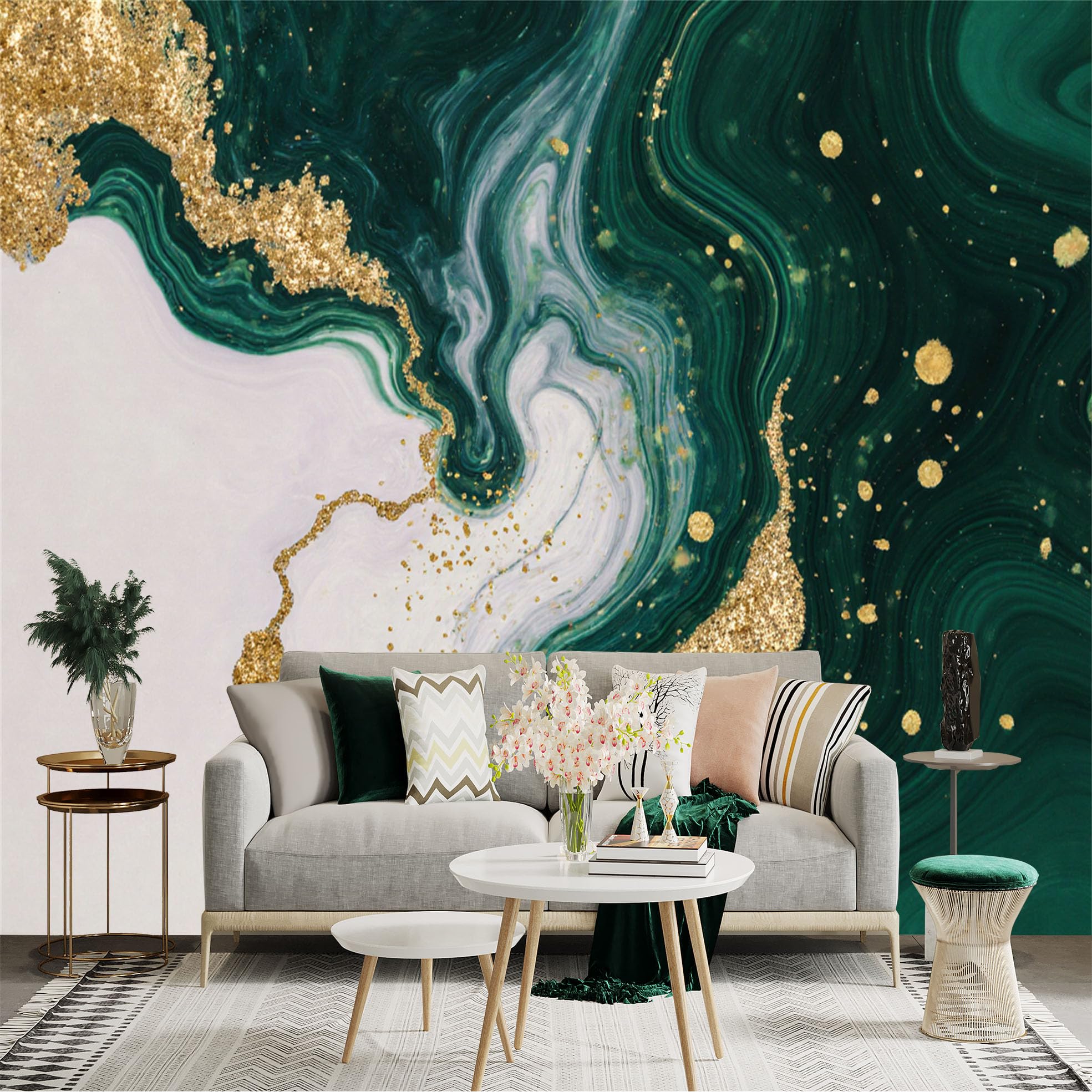 Custom Size Wall Sticker Mural， Emerald Green Marble Texture， Gold Foil Splatter， Modern Abstract Art， Luxury Fluid Paint， for wall Decoration， peelandstick wall Decals.
