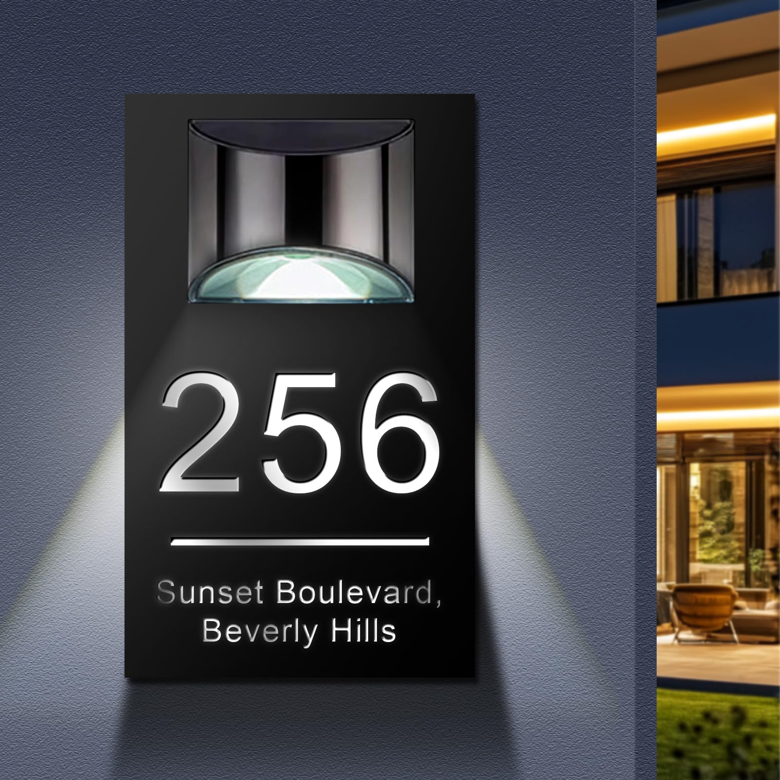 Plaque Numéro de Maison Solaire Personnalisée avec LED, Enseigne d’Adresse Extérieure Étanche, Numéro de Maison Lumineux Moderne pour Jardin, Cour, Entrée et Façade (Noir)