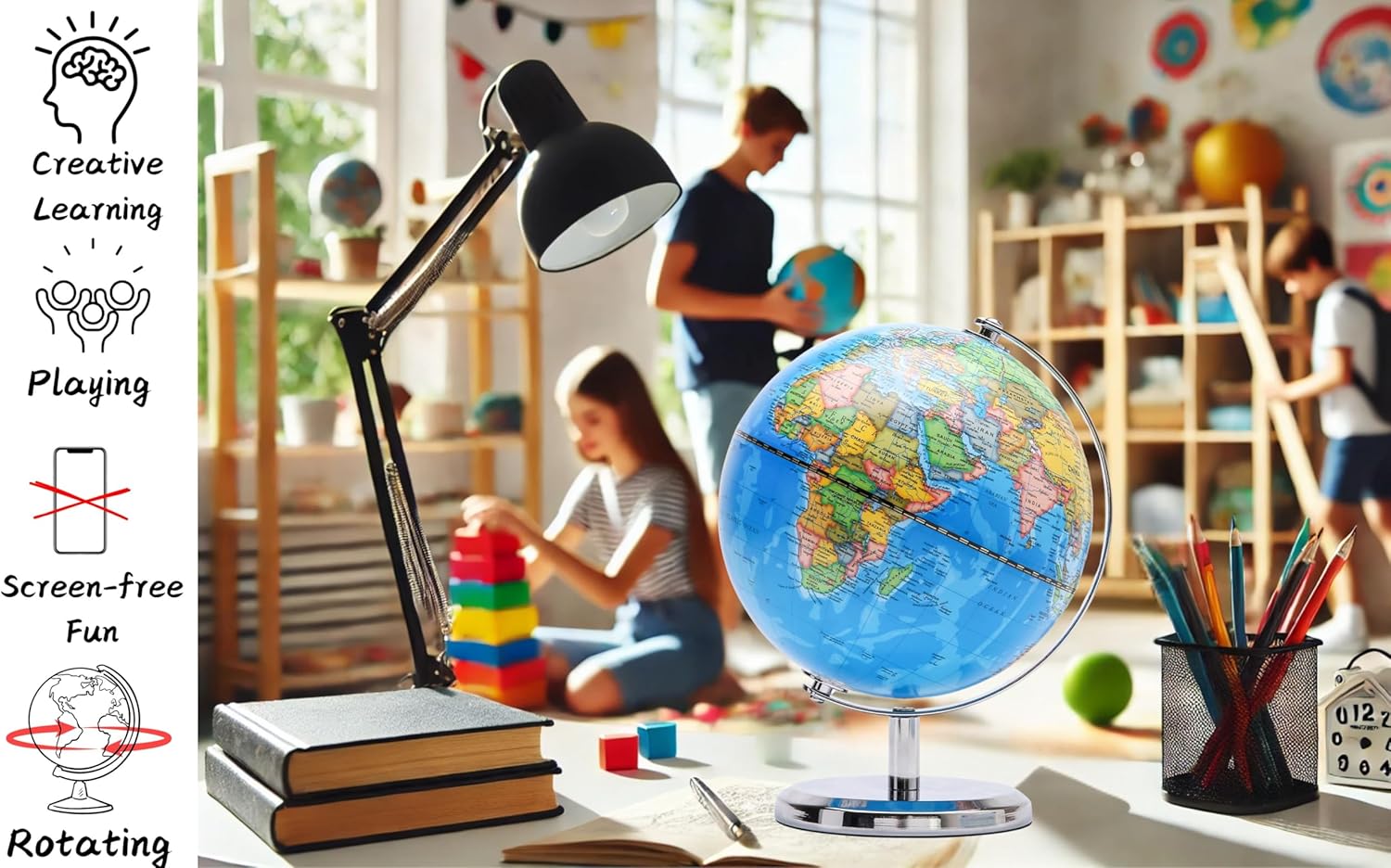 Exerz 8" World Globe Political Map - Educational Geographic Globe - Stainless Steel Arc and Base