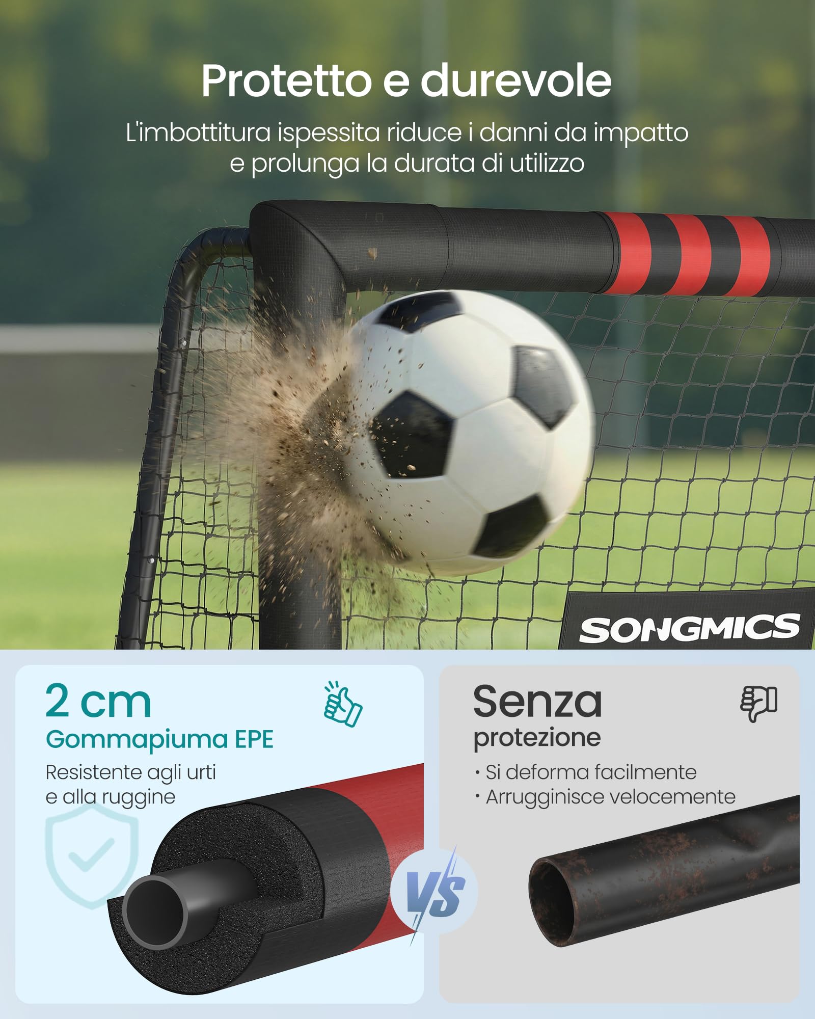 SONGMICS Porta da Calcio Acciaio Rete PE Esterni Giardino Spiaggia Rivestita Gommapiuma