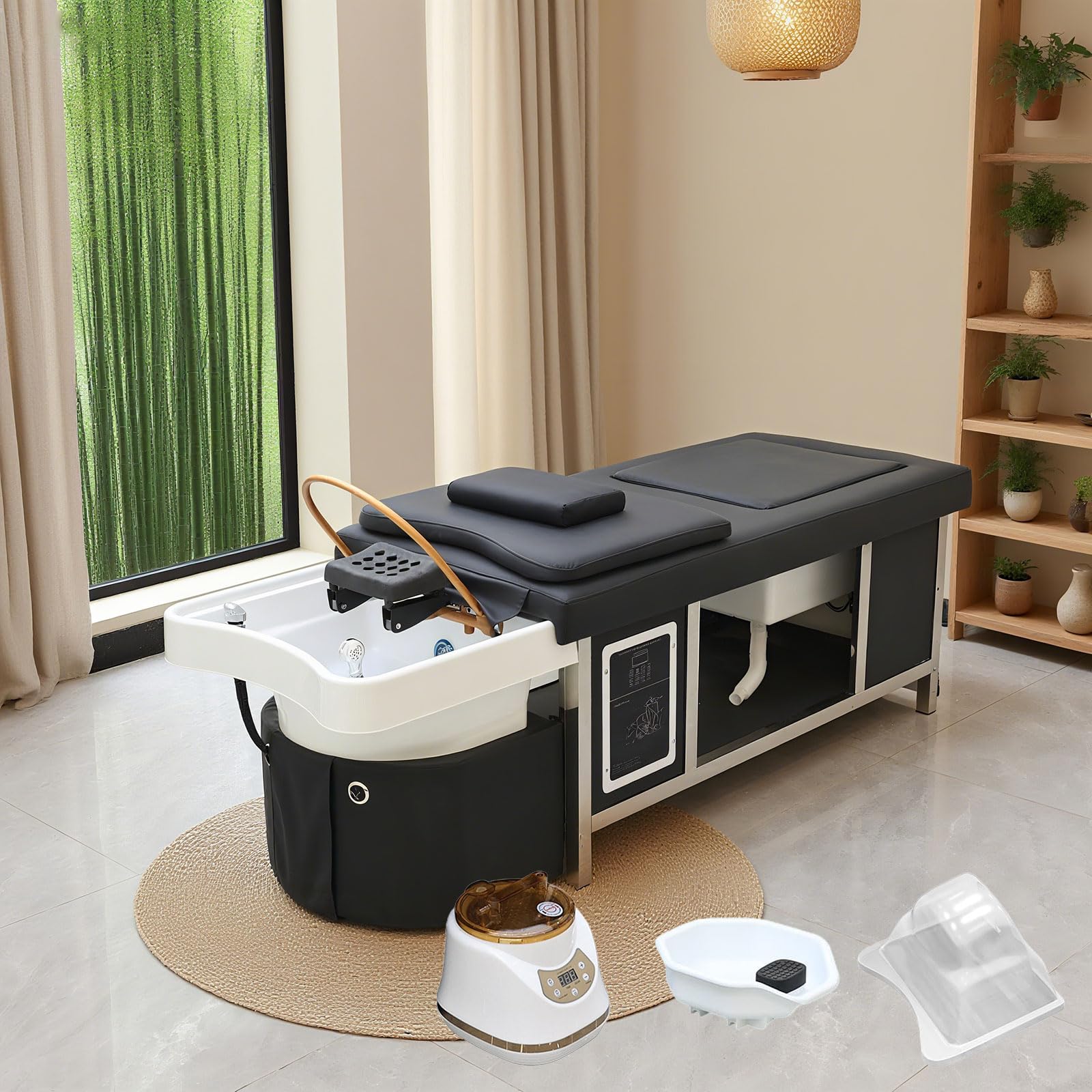 Lettino per shampoo da salone con vasca per i piedi e fumigazione, lettino per massaggi con circolazione dell'acqua per barbiere, centro benessere, centro pedicure