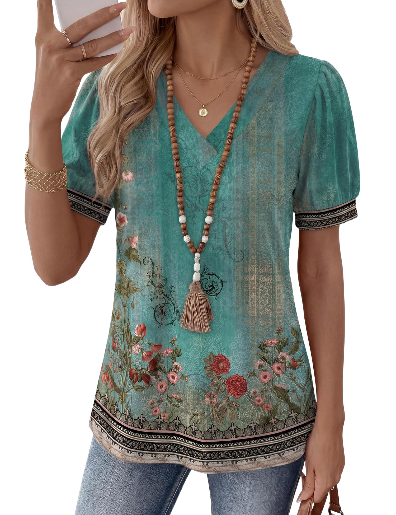 Rapbin Damen Bluse Kurzarm V-Ausschnitt Puff Oberteile Locker Blusen Sommer 2026 Top Elegant Mit Kurzen Ärmeln T-Shirt