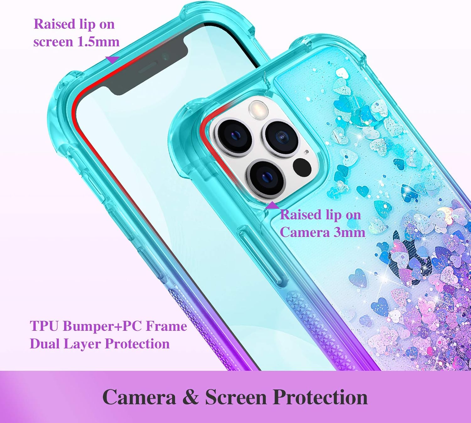 Ruky iPhone 12 Case, iPhone 12 Pro Case, Full Body Glitter Liquid Rugged Cover with Built-in Screen Protector Shockproof Girls Women Phone Case for iPhone 12 & 12 Pro 6.1”, Teal Purple