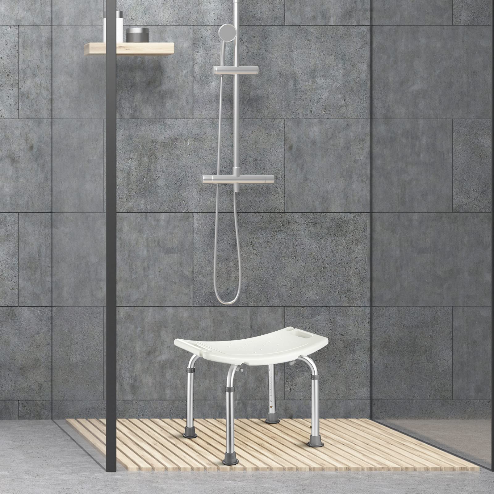Badhocker Duschstuhl, 8 Höhenstufen Duschhocker von 38-55cm, Anti-Rutsch Duschsitz mit rutschfesten Gummifüßen Aluminium-Rahmen, für die Innendusche, Duschhilfe Senioren