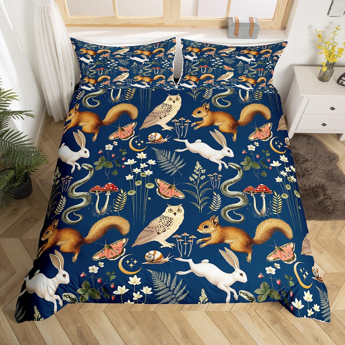 Loussiesd Animal Duvet Cover Super King Size Creature and Plan Bedding Set for Boys Girls Squirrels Rabbits Owls Snakes Comforter Cover Bedroom Decor 3Pcs Zipper Closure with 2 Pillowcases โ image 1